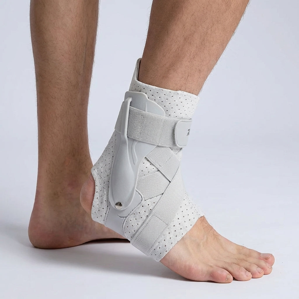 Adjustable ankle support brace with reinforced side supports and stabilizing straps