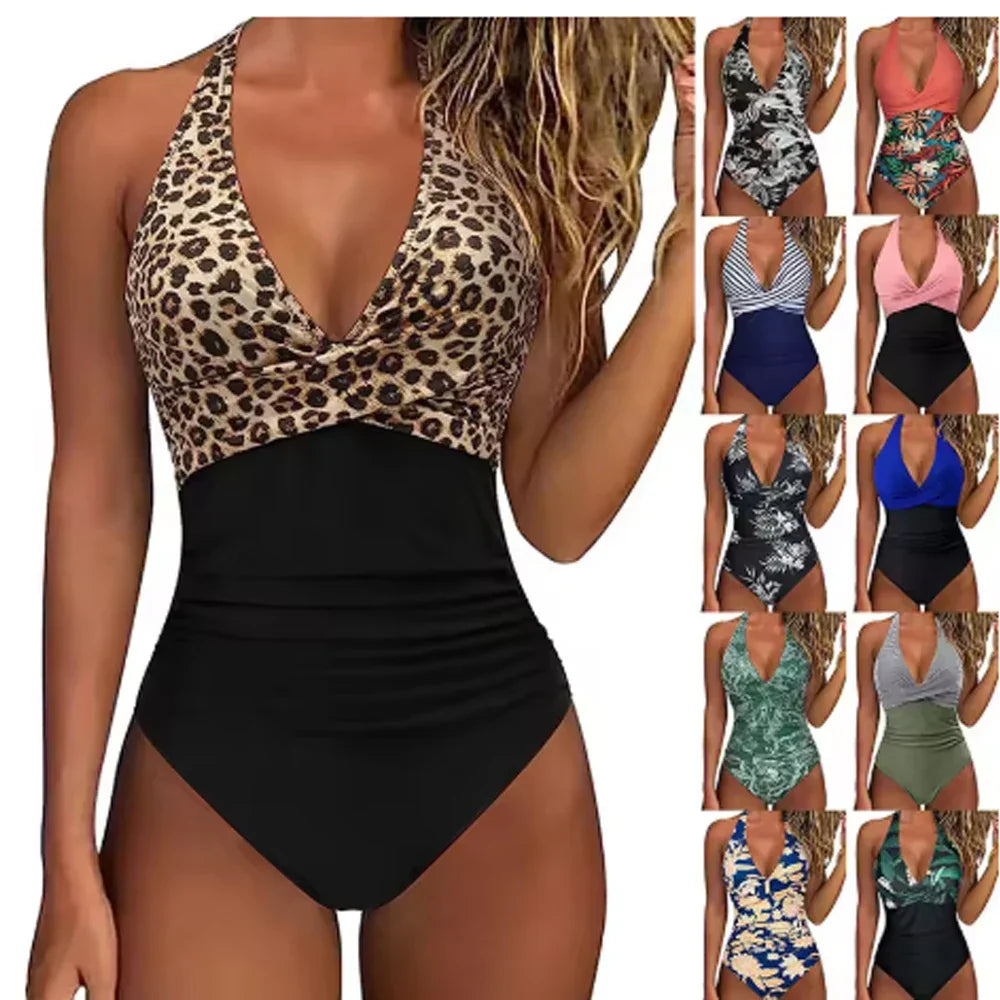 Women's one-piece halter swimsuit with ruched waist and deep neckline