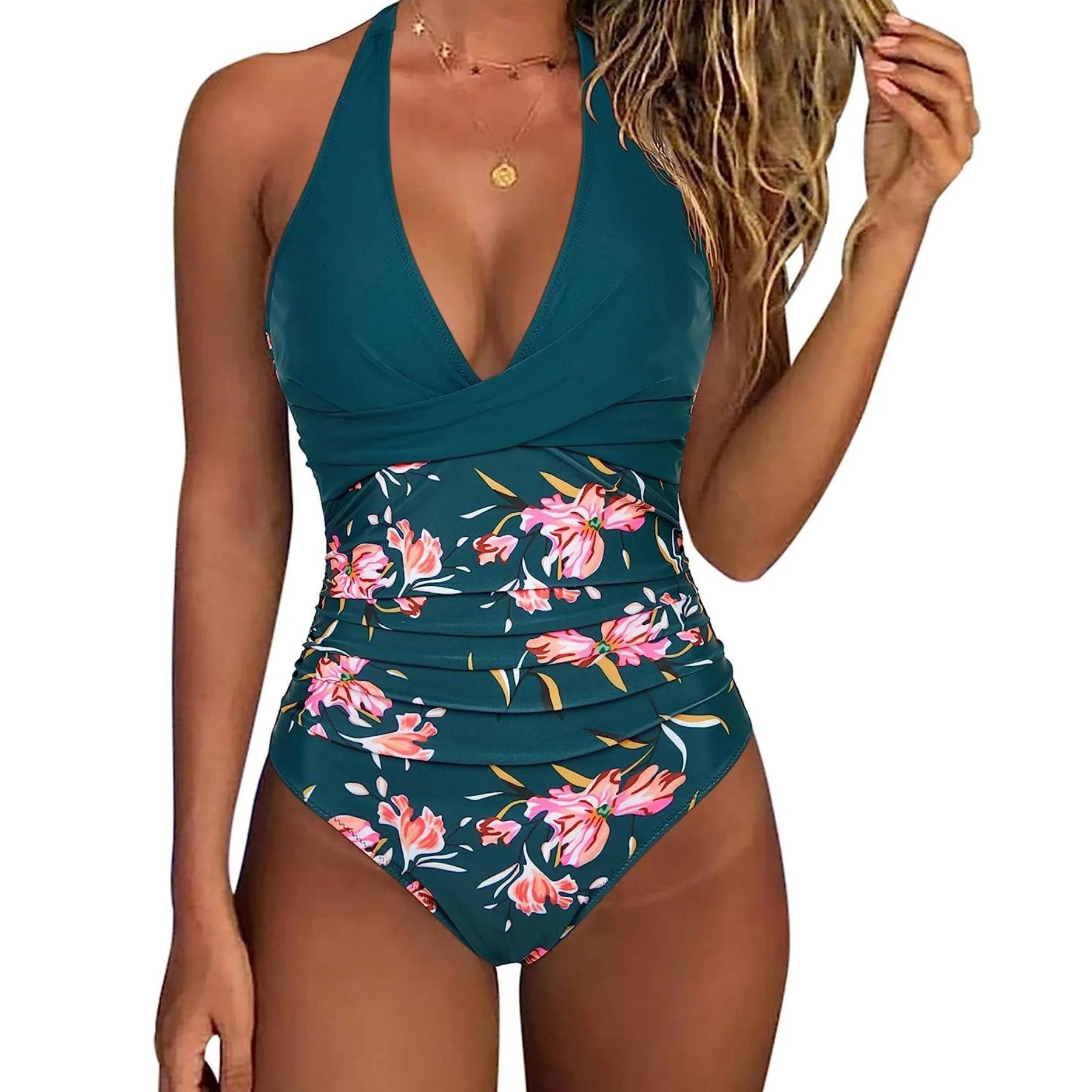 Women's one-piece halter swimsuit with ruched waist and deep neckline