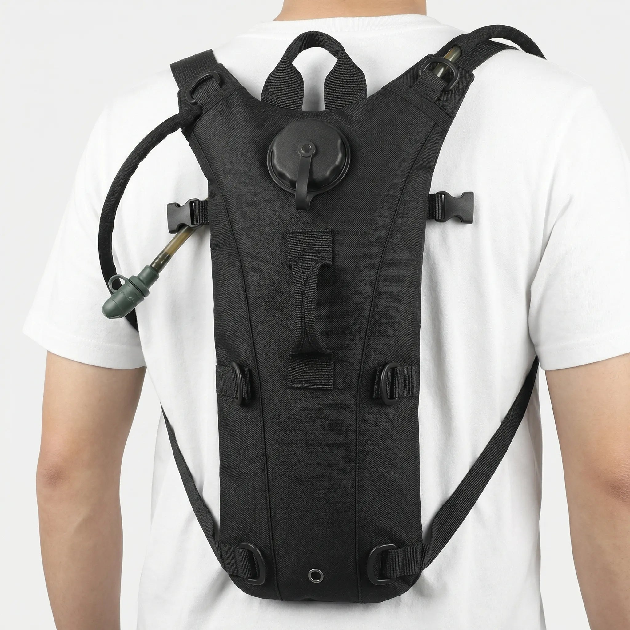 Compact hydration backpack with water-resistant fabric and hands-free drinking tube