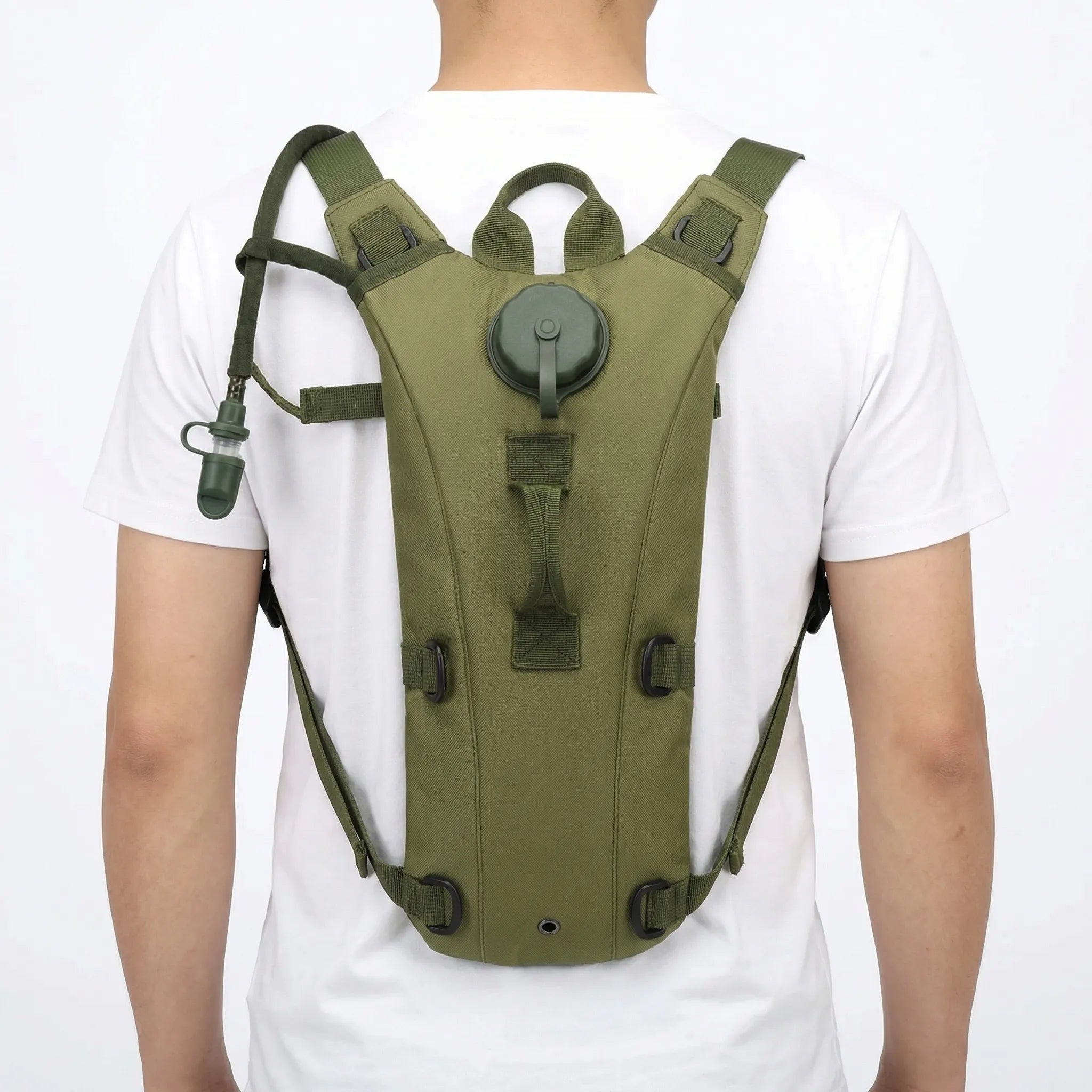 Compact hydration backpack with water-resistant fabric and hands-free drinking tube