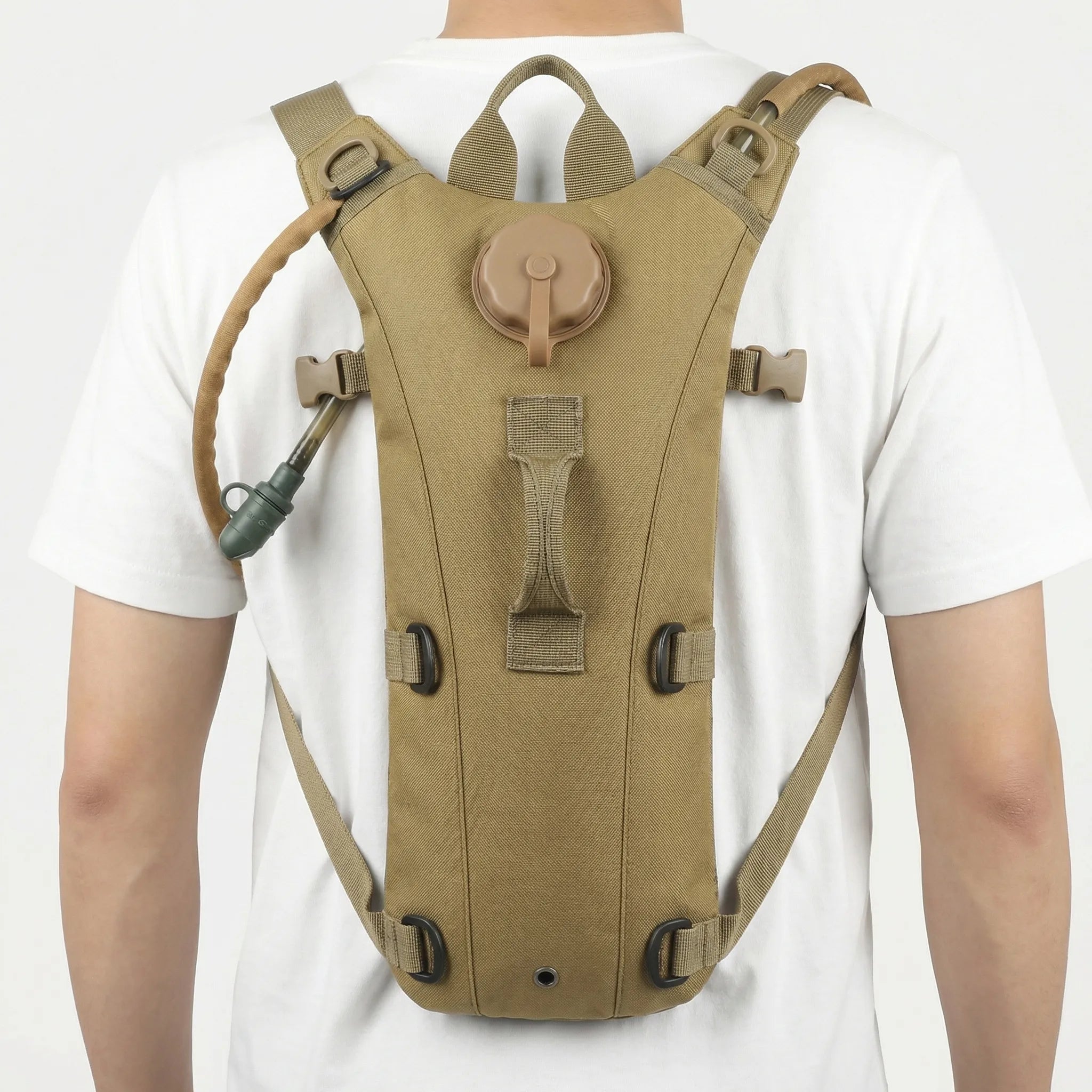 Compact hydration backpack with water-resistant fabric and hands-free drinking tube