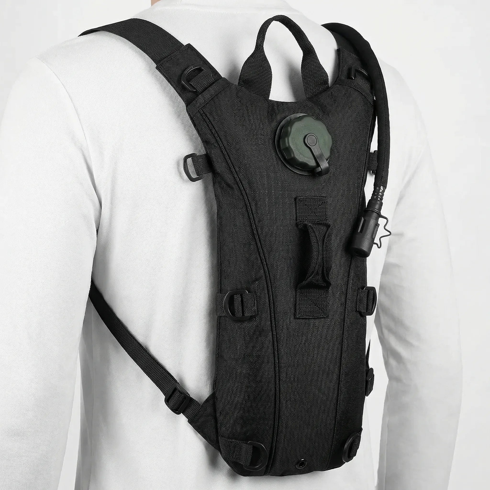 Compact hydration backpack with water-resistant fabric and hands-free drinking tube