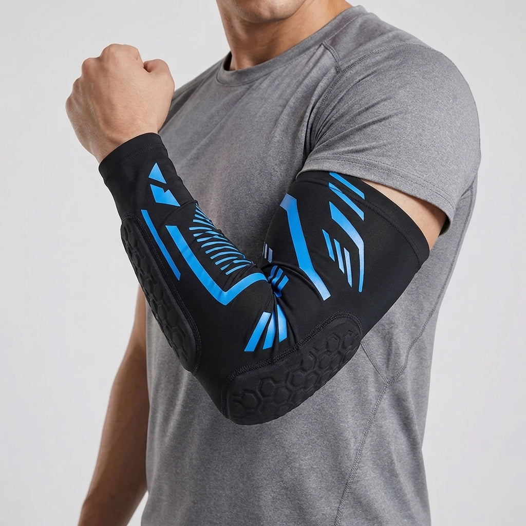 Padded compression elbow brace with targeted impact cushioning