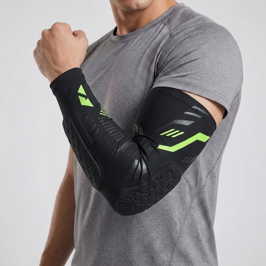 Padded compression elbow brace with targeted impact cushioning
