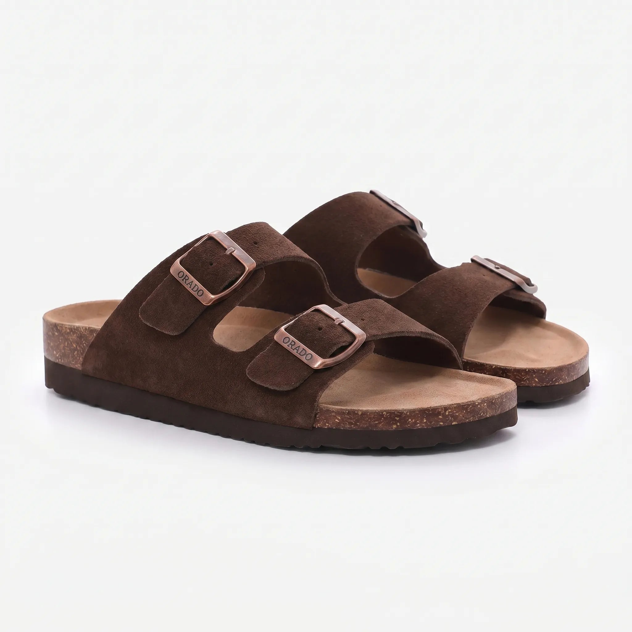 Two-strap slip-on sandals with adjustable buckles and open toe