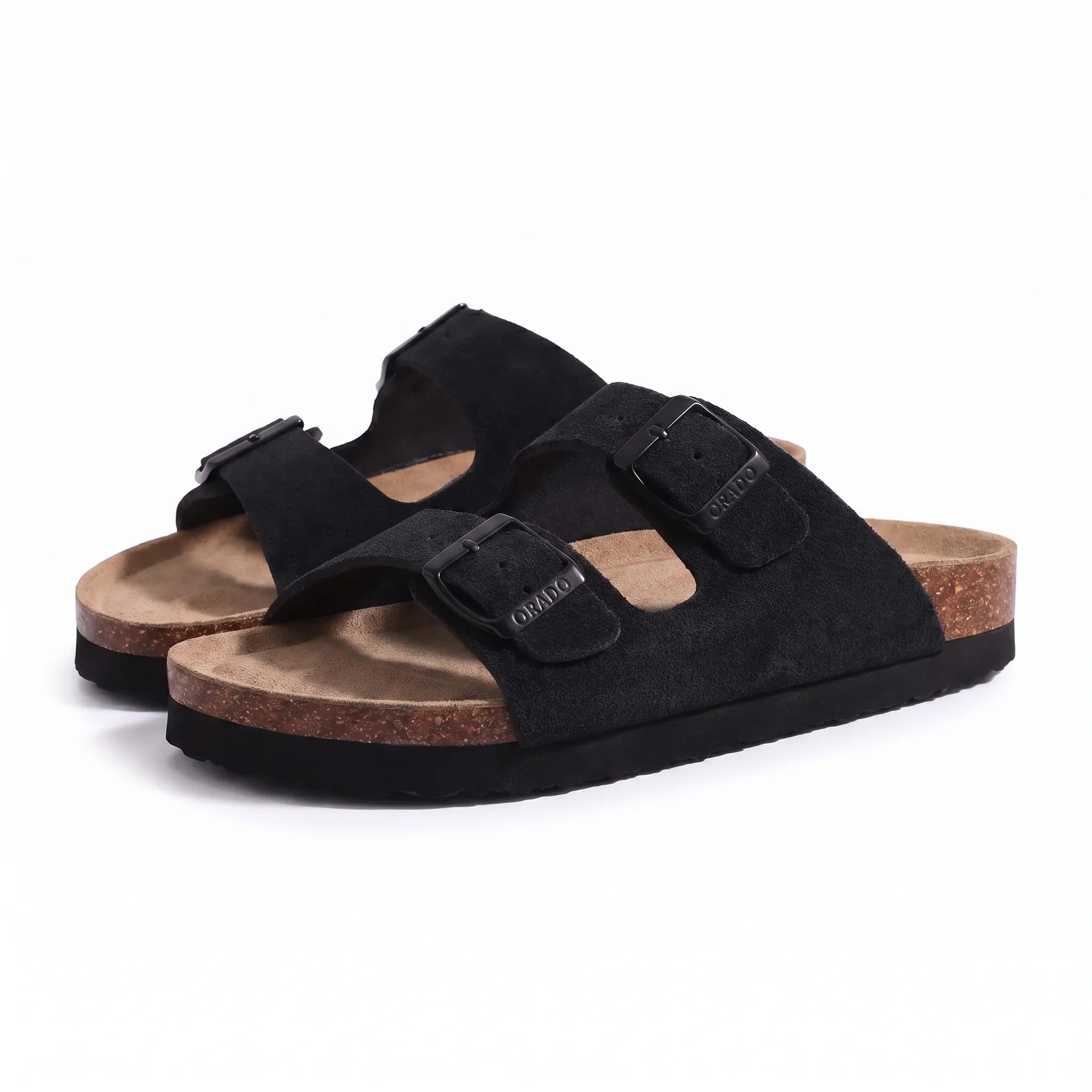 Two-strap slip-on sandals with adjustable buckles and open toe