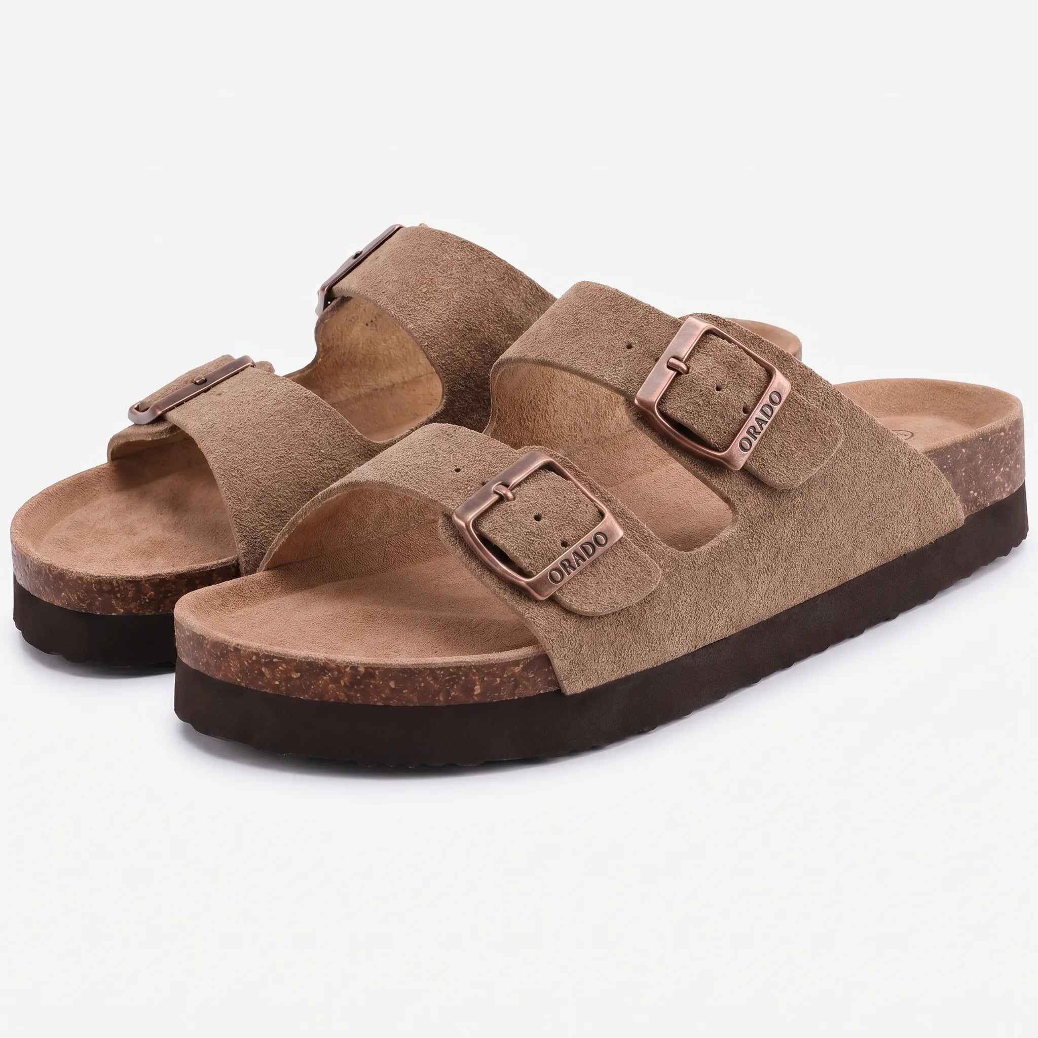 Two-strap slip-on sandals with adjustable buckles and open toe