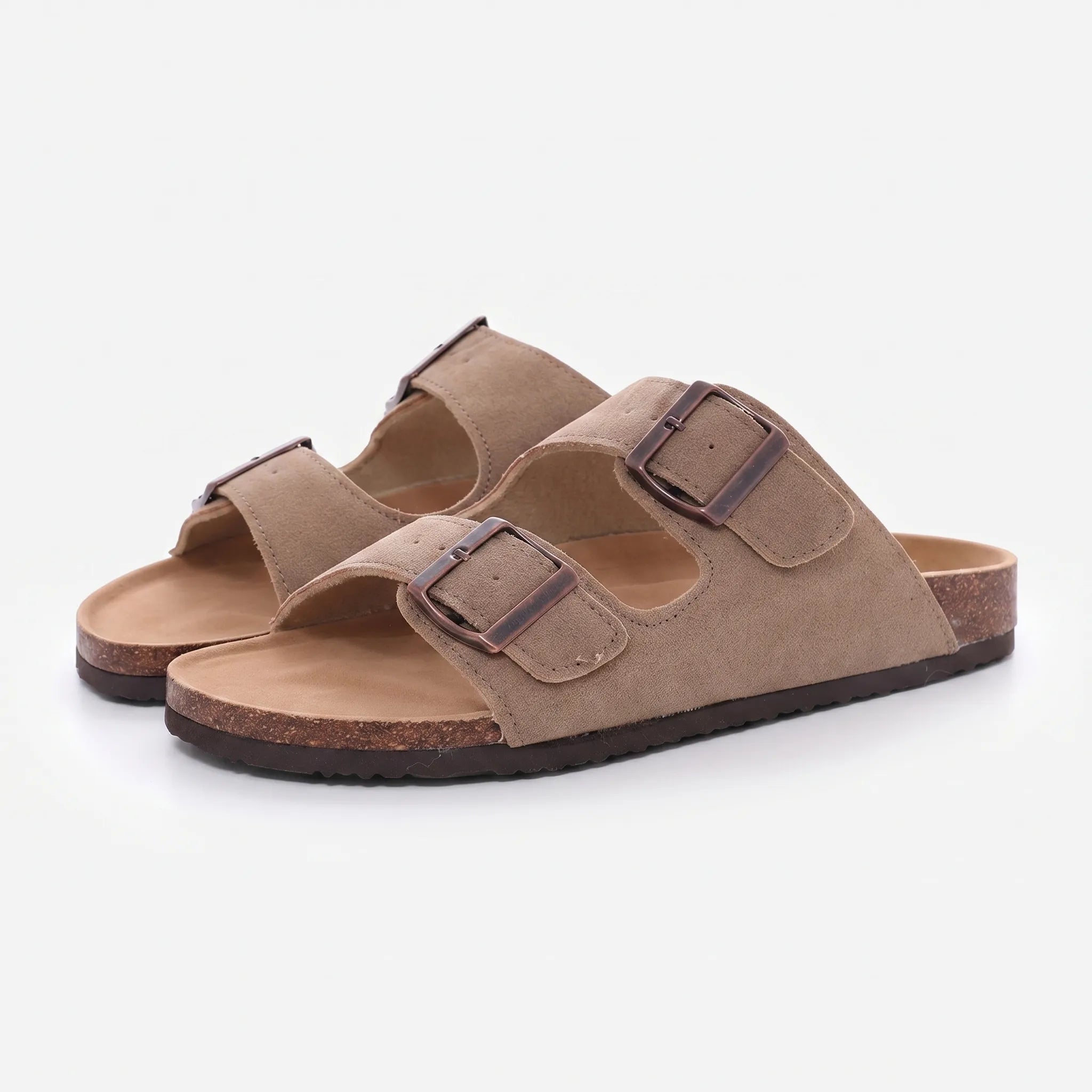 Two-strap slip-on sandals with adjustable buckles and open toe