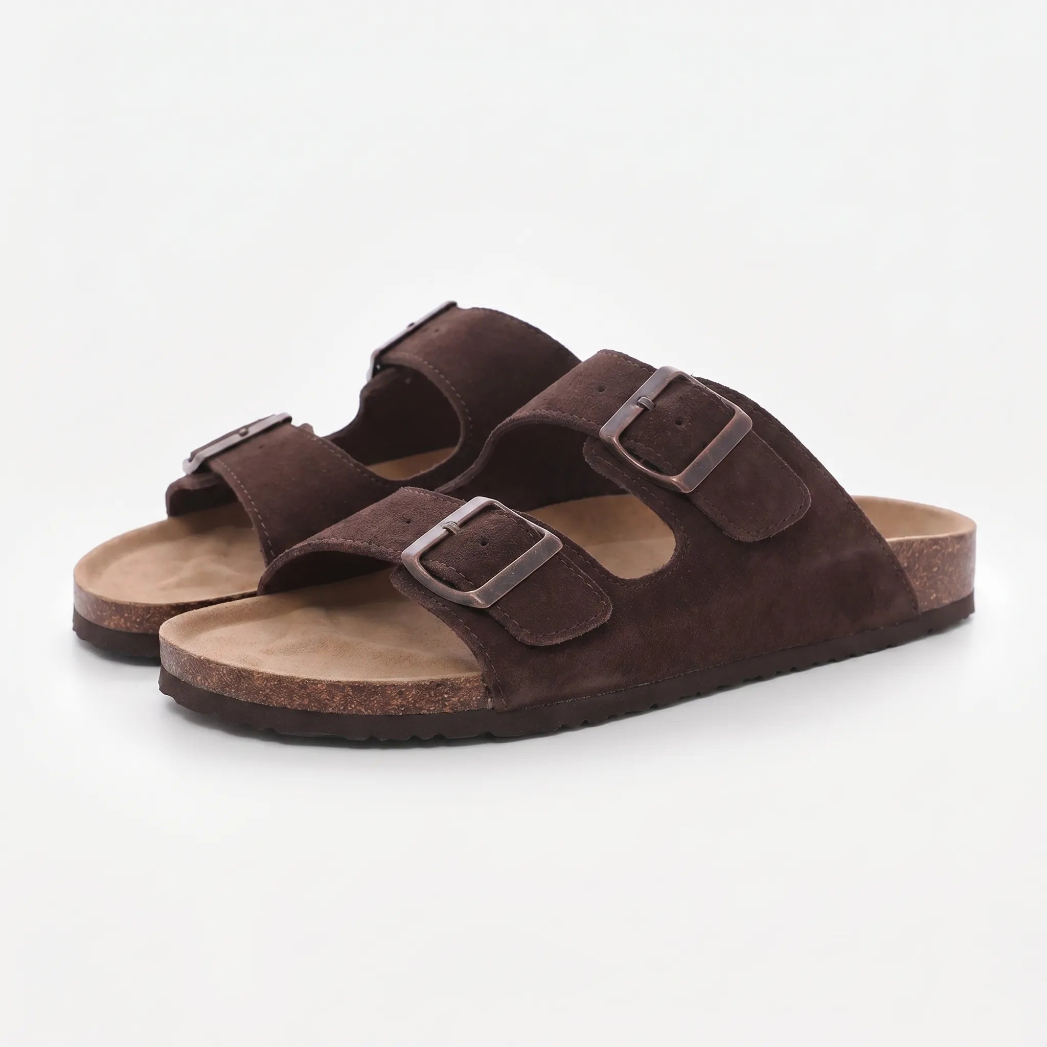 Two-strap slip-on sandals with adjustable buckles and open toe