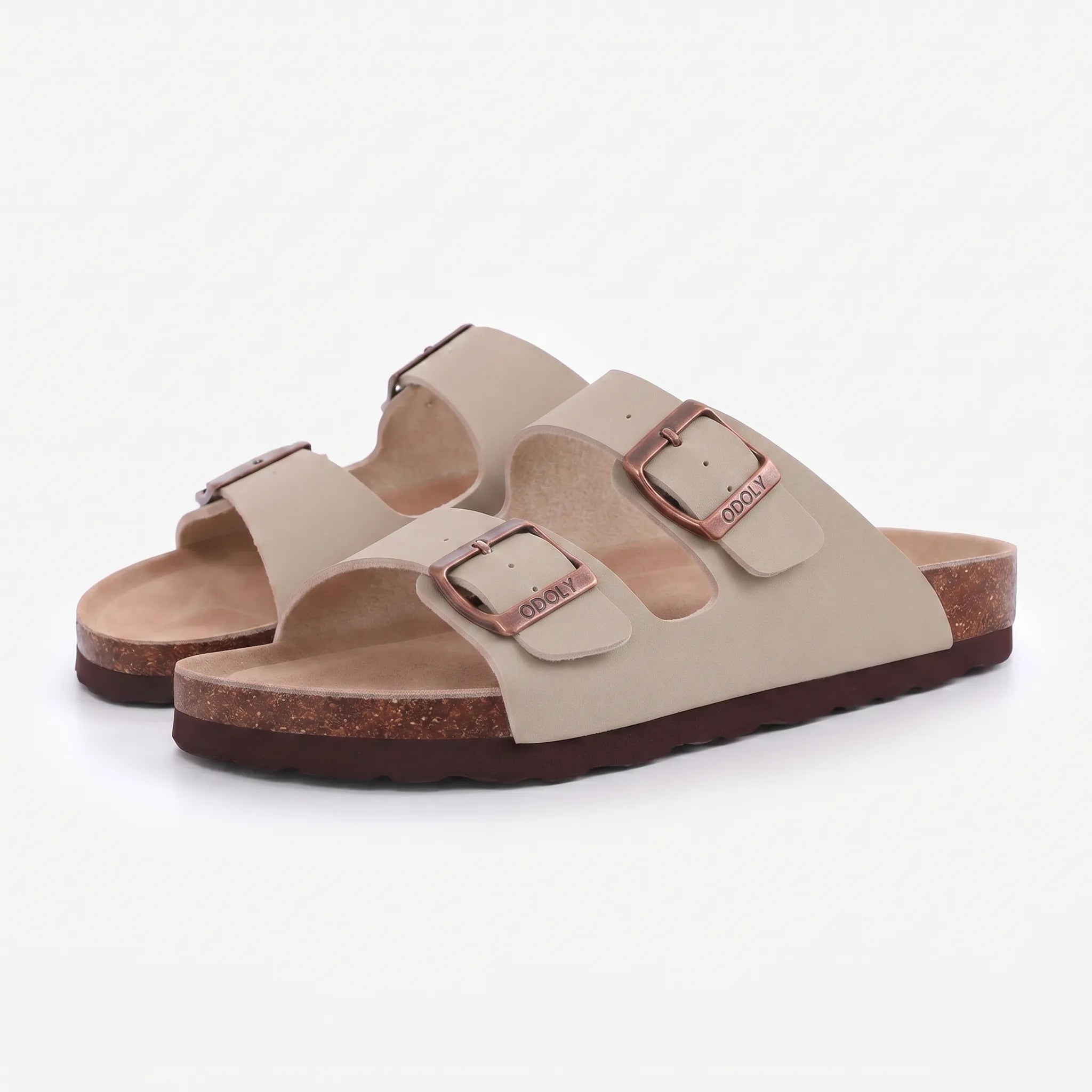 Two-strap slip-on sandals with adjustable buckles and open toe