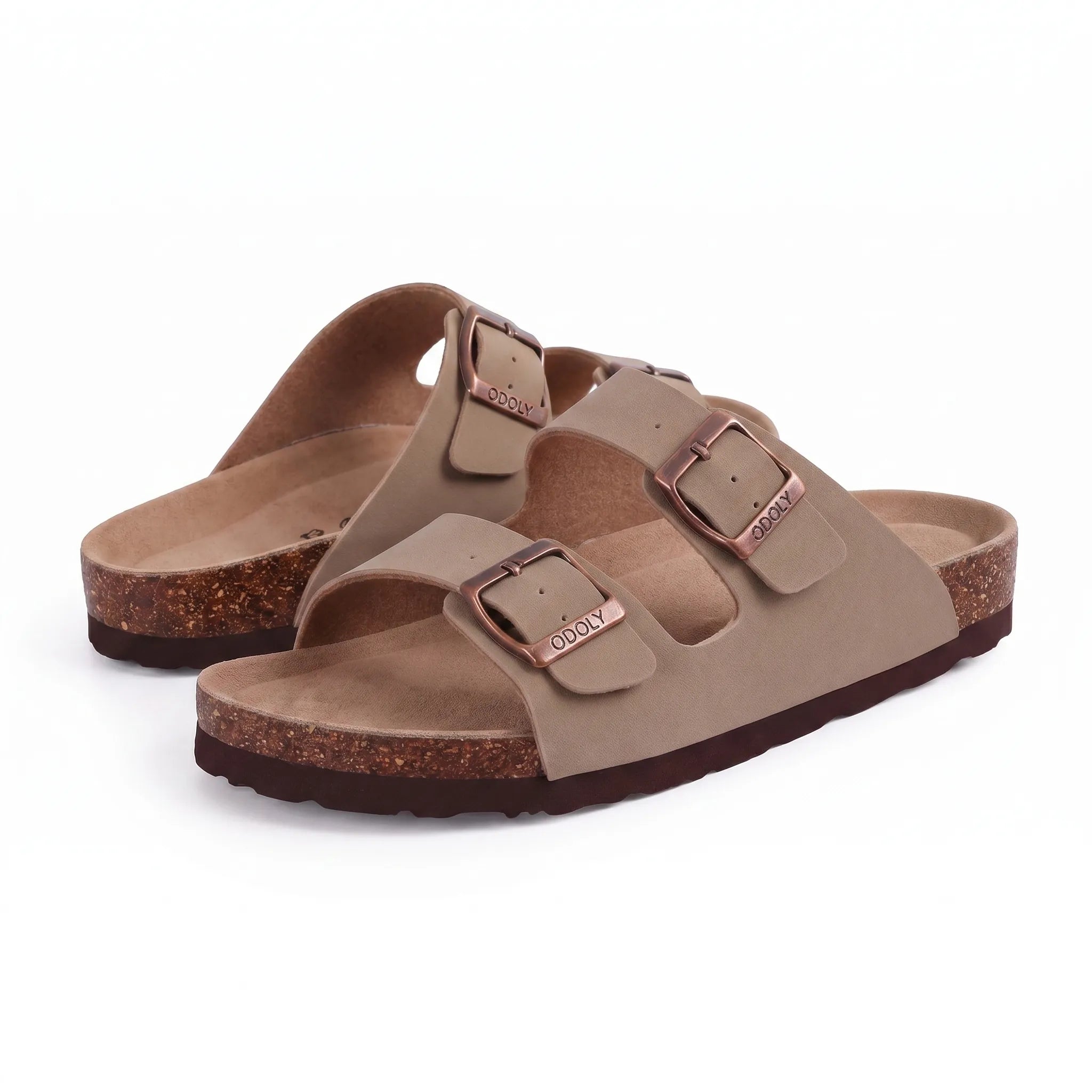 Two-strap slip-on sandals with adjustable buckles and open toe