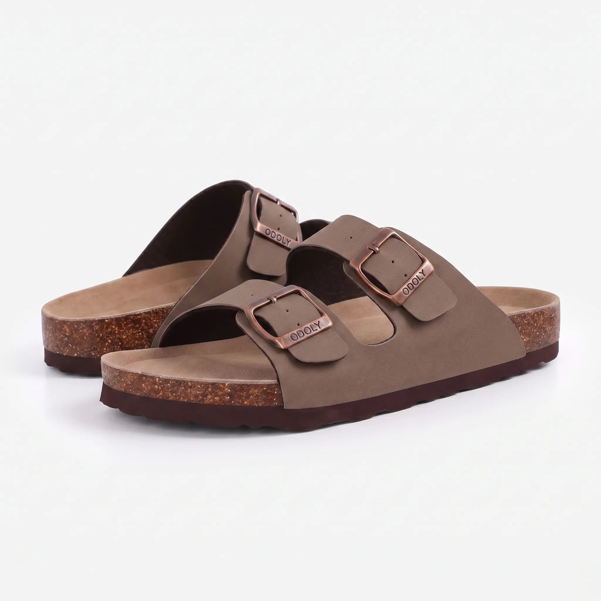 Two-strap slip-on sandals with adjustable buckles and open toe