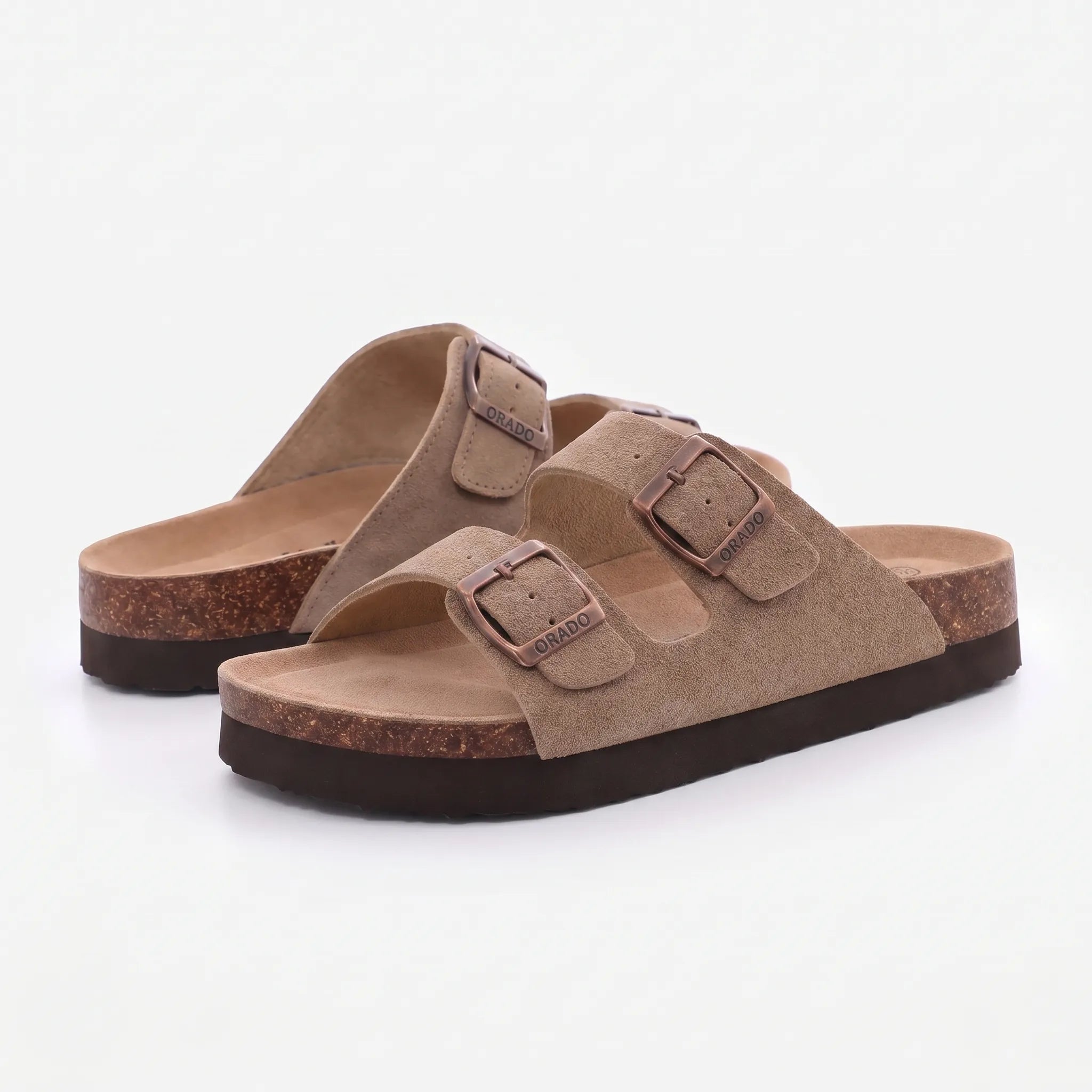 Two-strap slip-on sandals with adjustable buckles and open toe