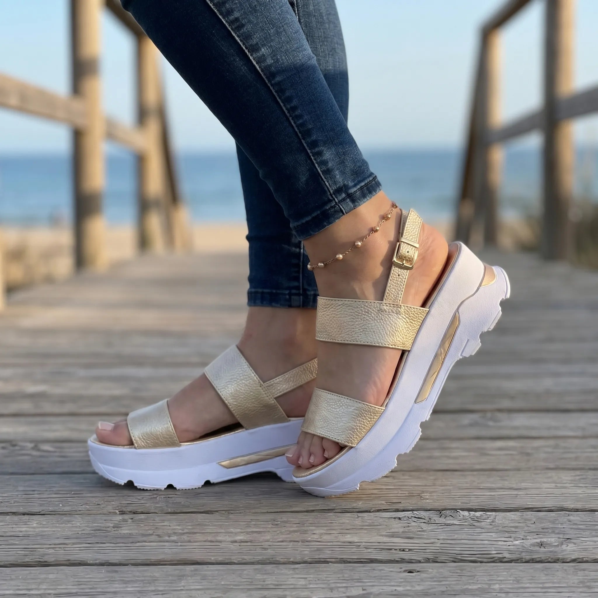 Chunky plateau wedge sandal with wide textured straps and open toe