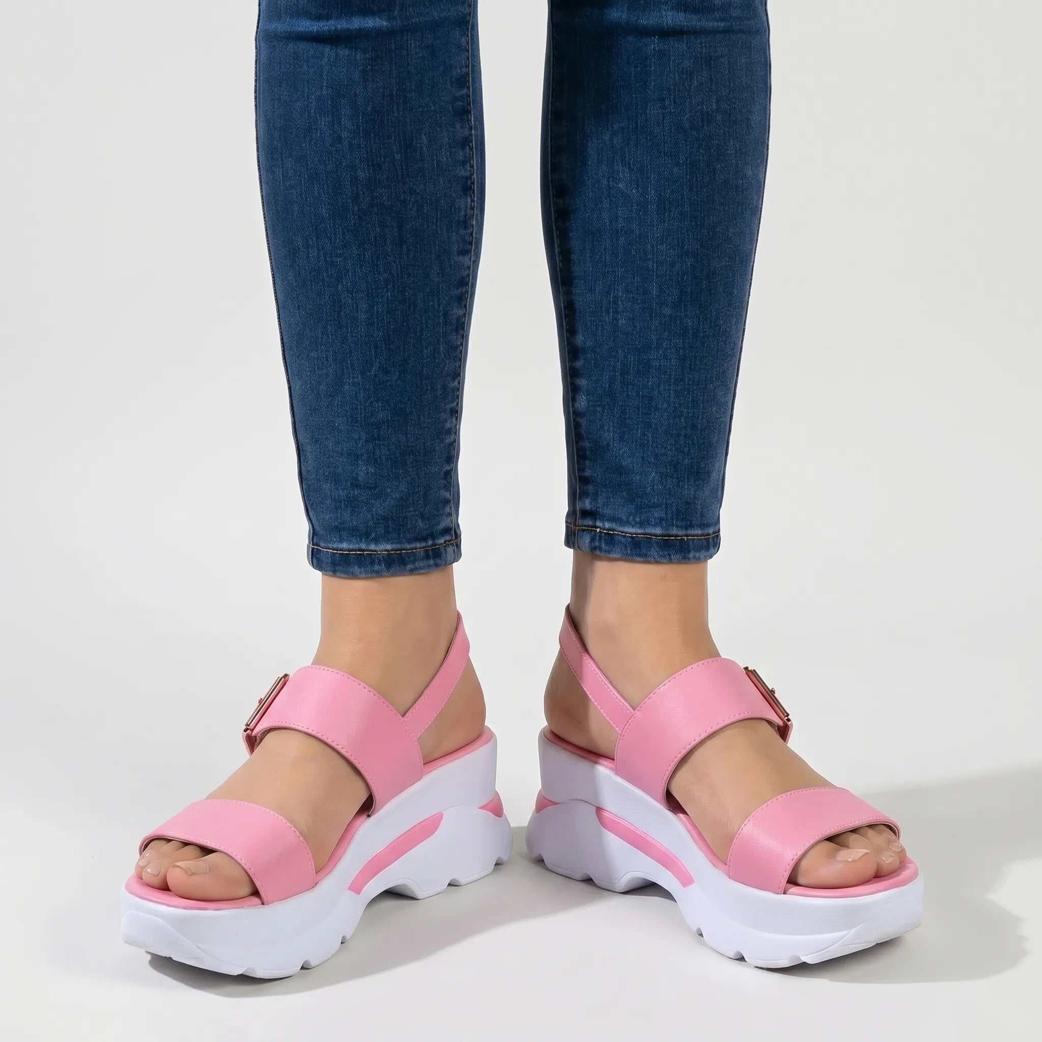 Chunky plateau wedge sandal with wide textured straps and open toe