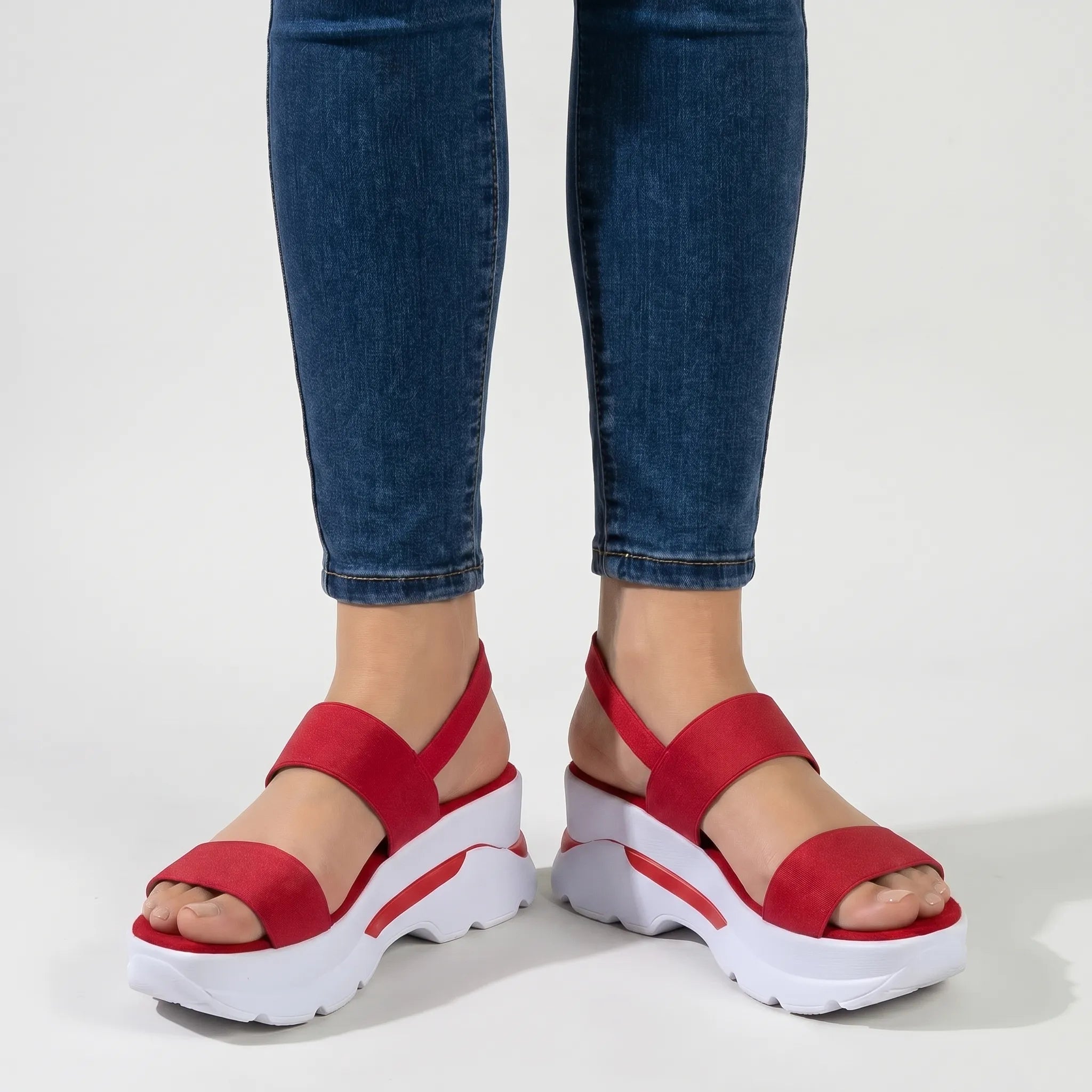 Chunky plateau wedge sandal with wide textured straps and open toe