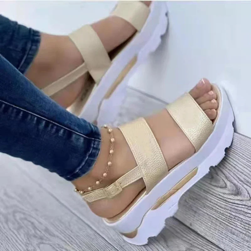 Chunky plateau wedge sandal with wide textured straps and open toe