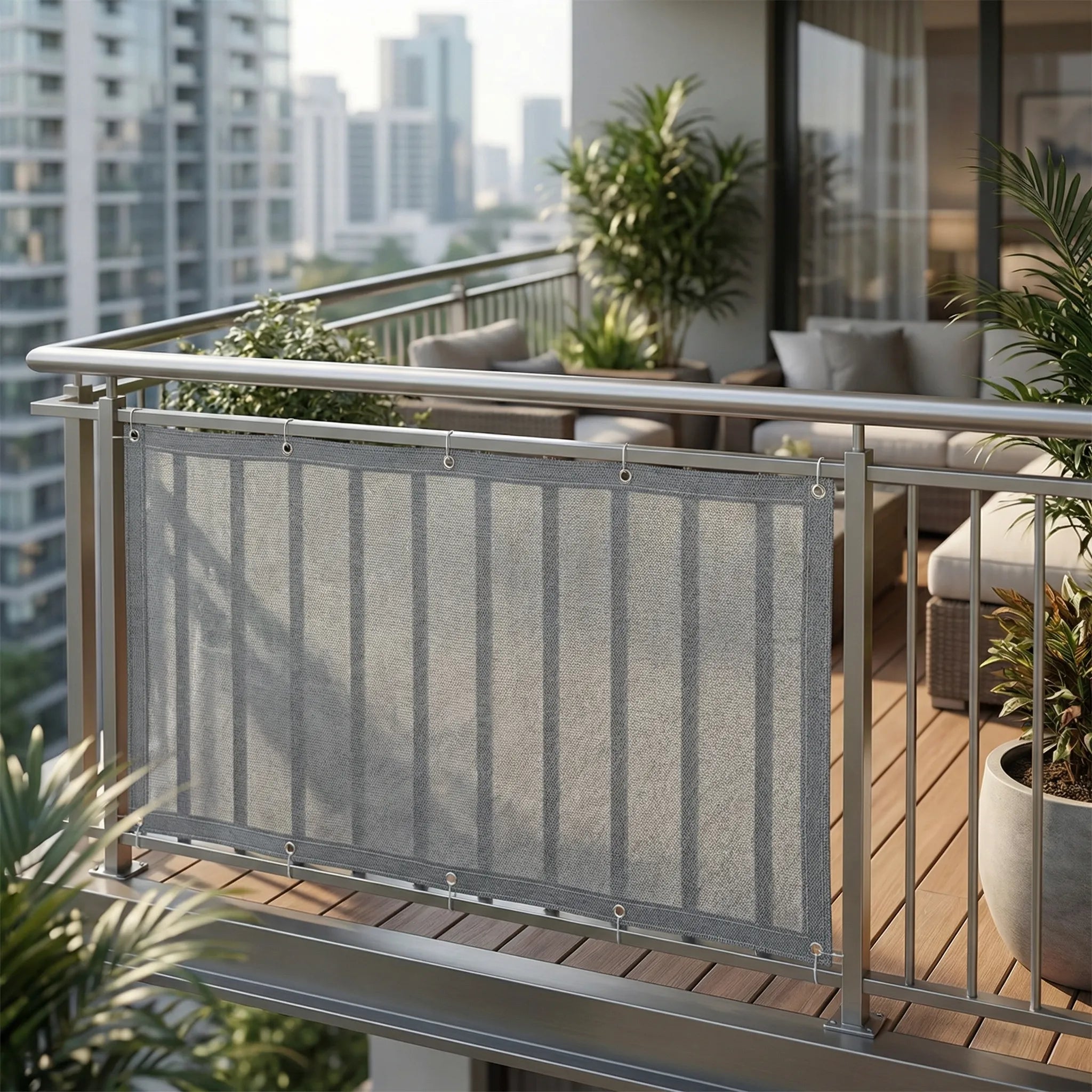 Outdoor balcony privacy screen sunshade panel with reinforced eyelets