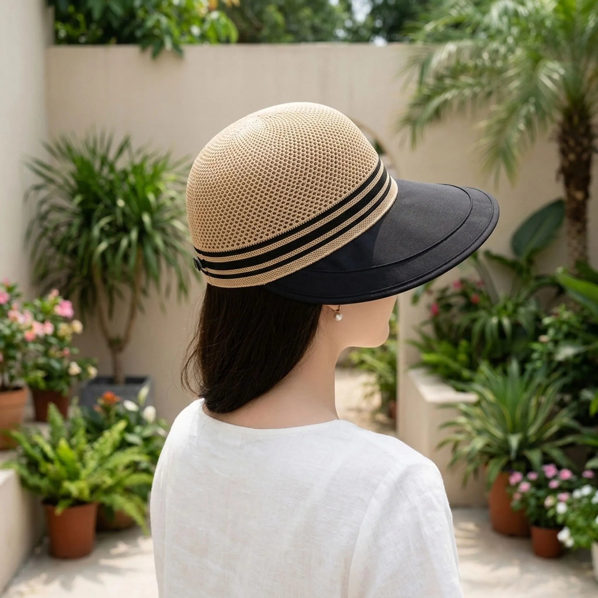 Women's wide brim summer hat with breathable knitted crown and adjustable fit