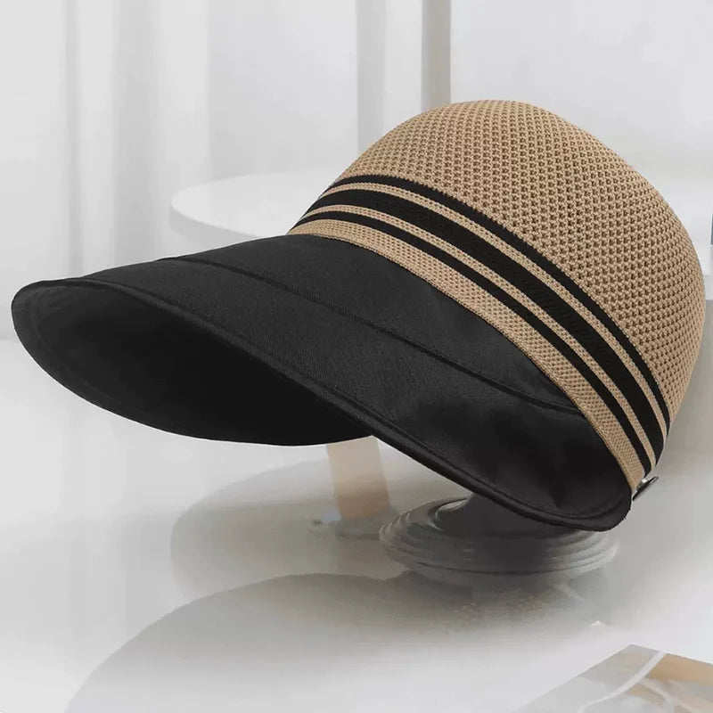 Women's wide brim summer hat with breathable knitted crown and adjustable fit