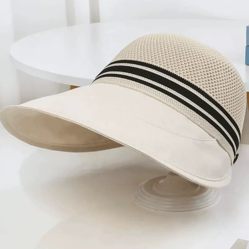 Women's wide brim summer hat with breathable knitted crown and adjustable fit