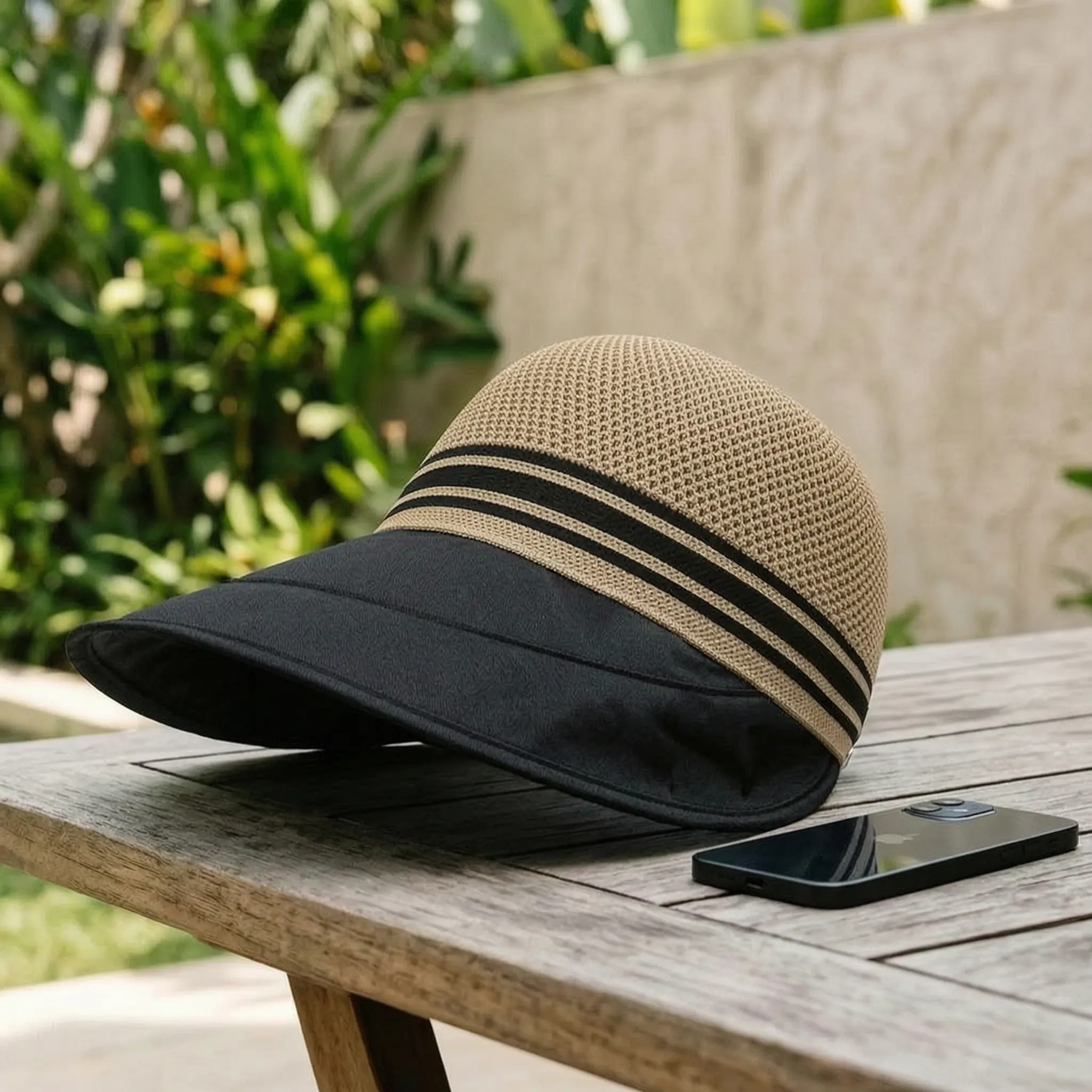 Women's wide brim summer hat with breathable knitted crown and adjustable fit