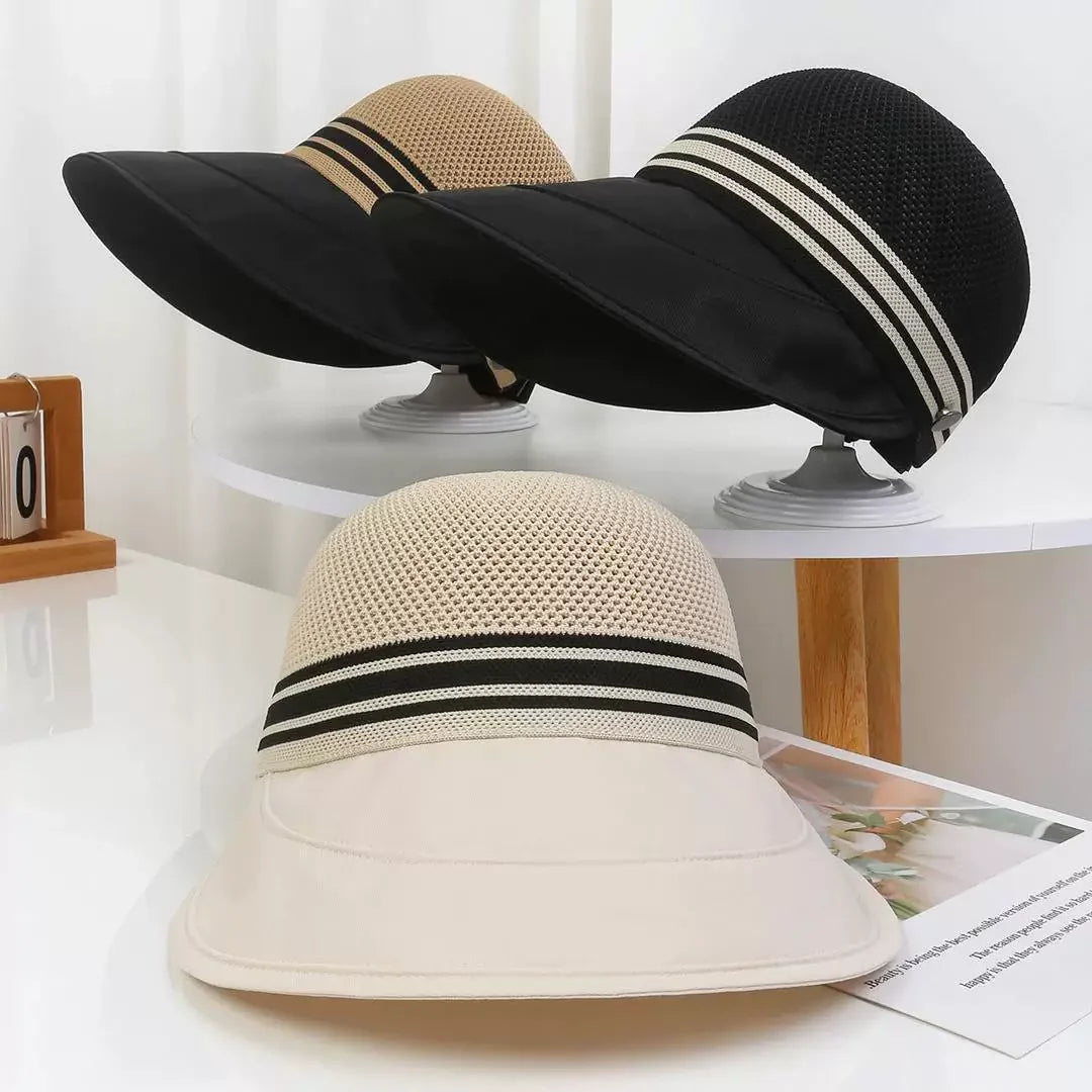 Women's wide brim summer hat with breathable knitted crown and adjustable fit