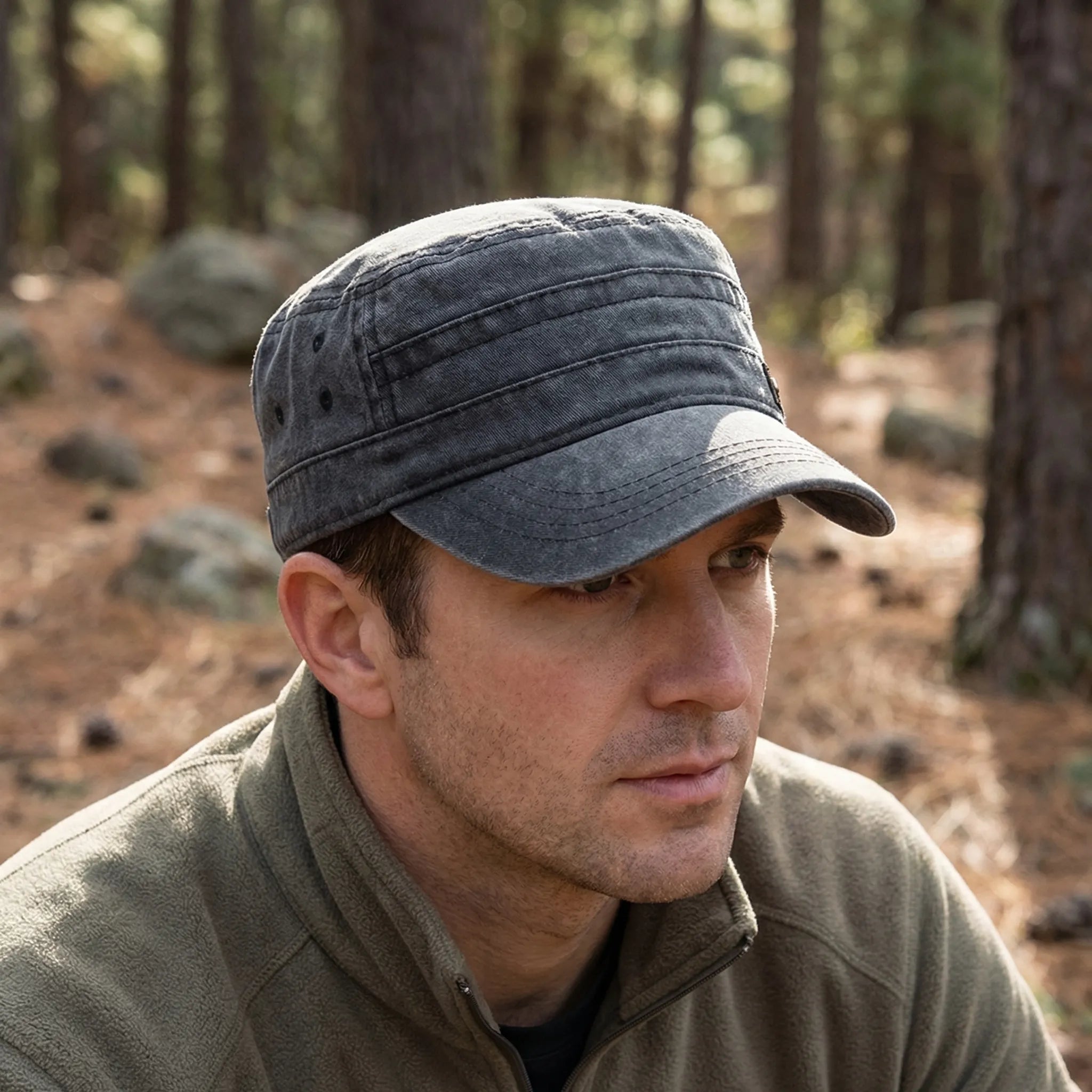 Men's flat top military-style sun cap with wide brim for sun shading