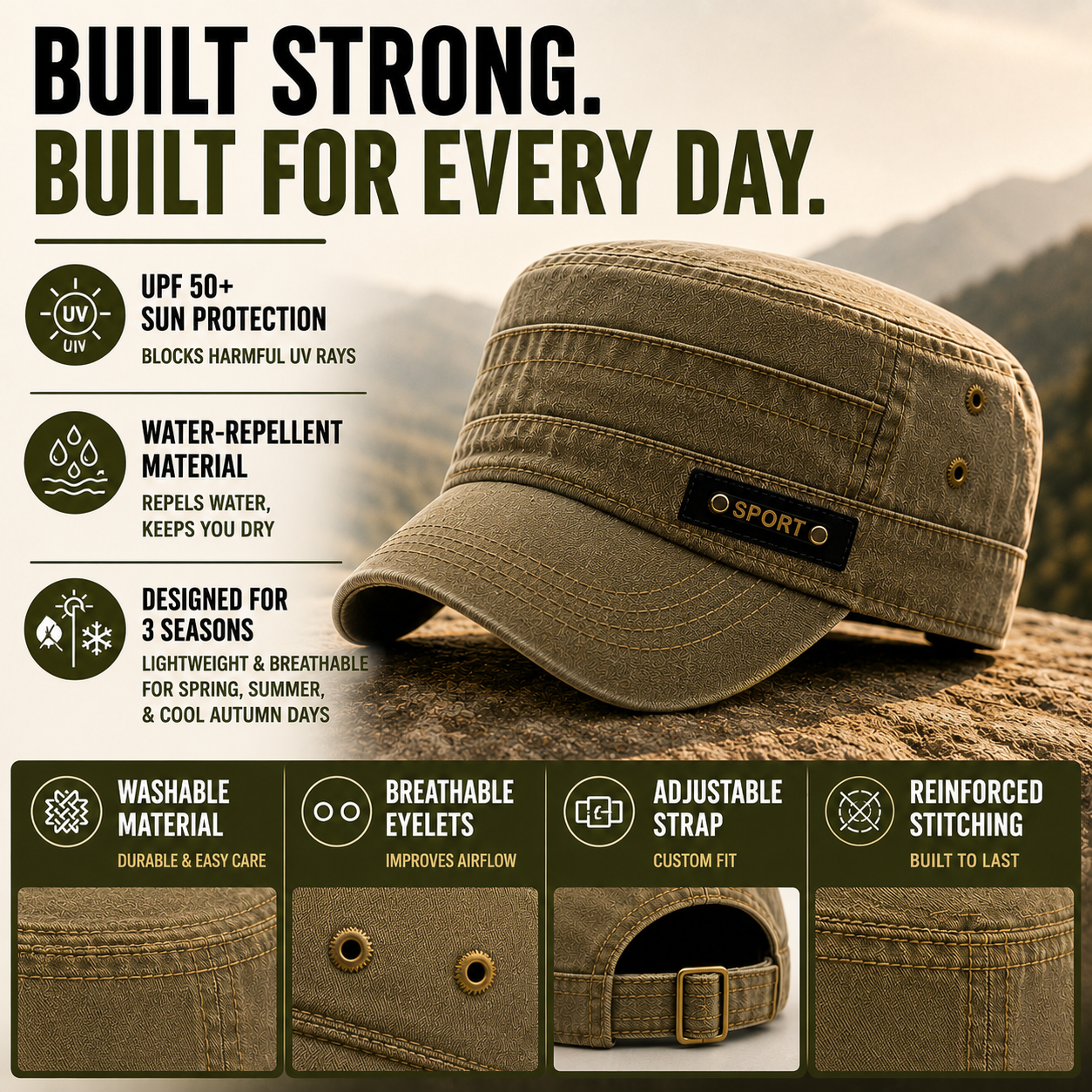 Celrien | Brimfeld Flat Top Military-Style Sun Cap