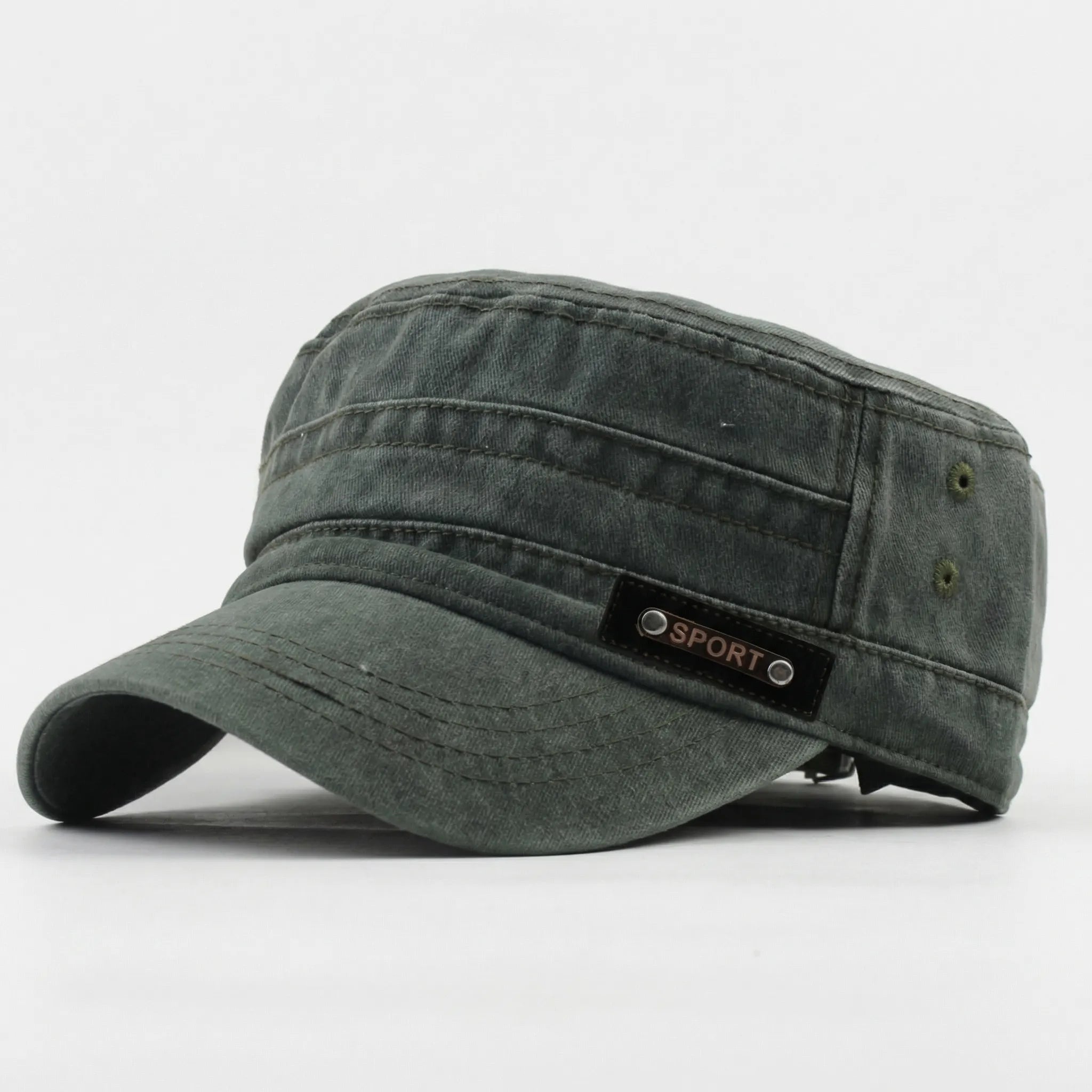 Men's flat top military-style sun cap with wide brim for sun shading