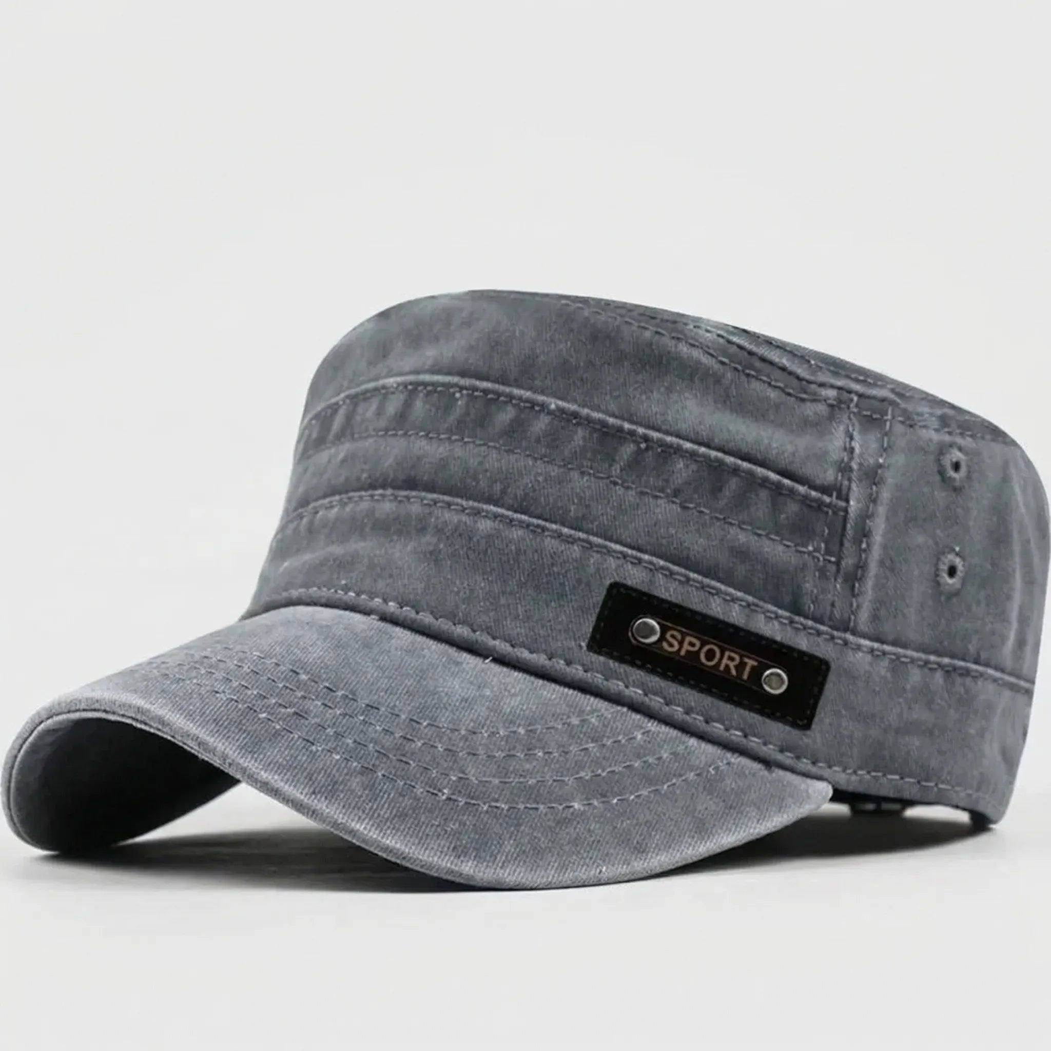 Men's flat top military-style sun cap with wide brim for sun shading