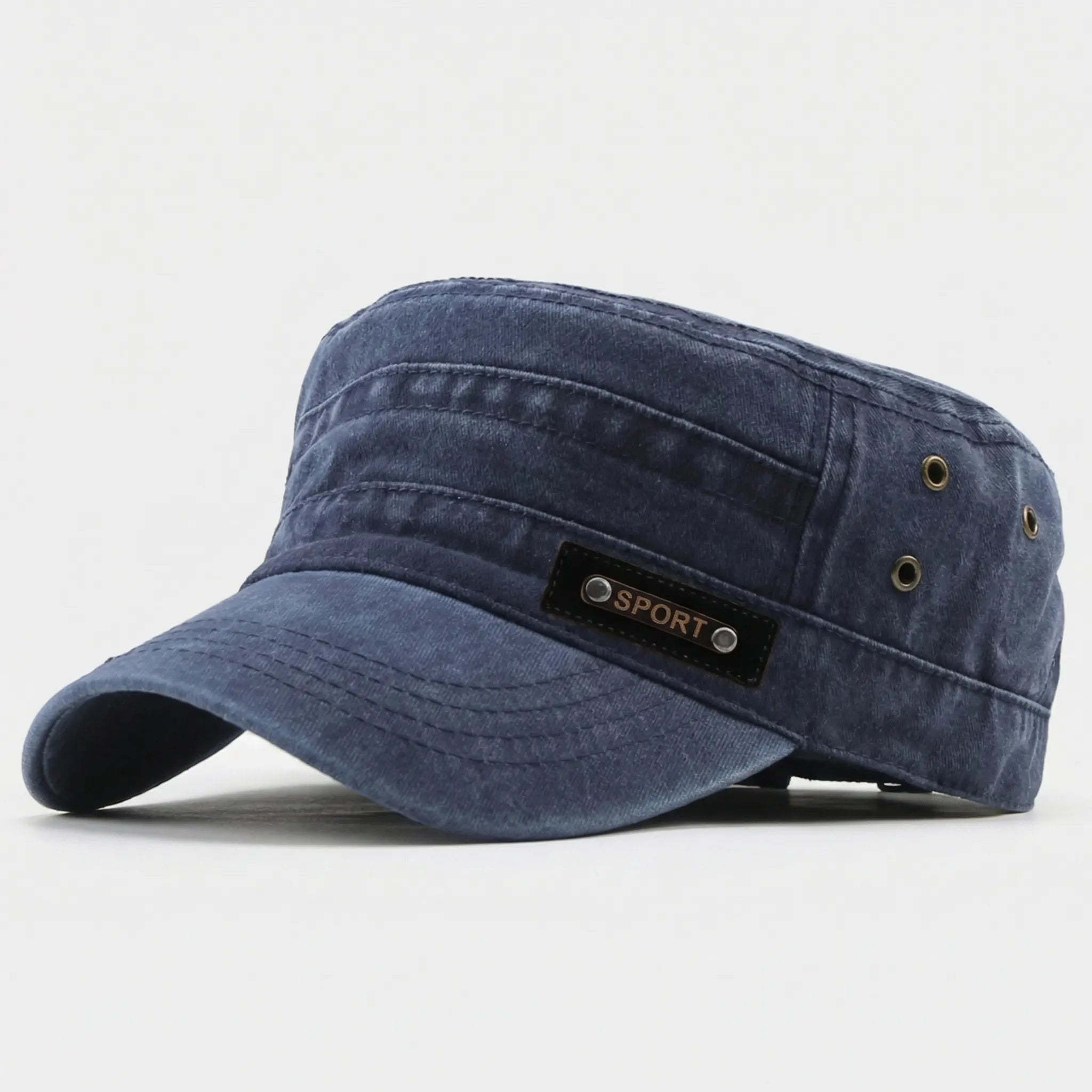 Men's flat top military-style sun cap with wide brim for sun shading