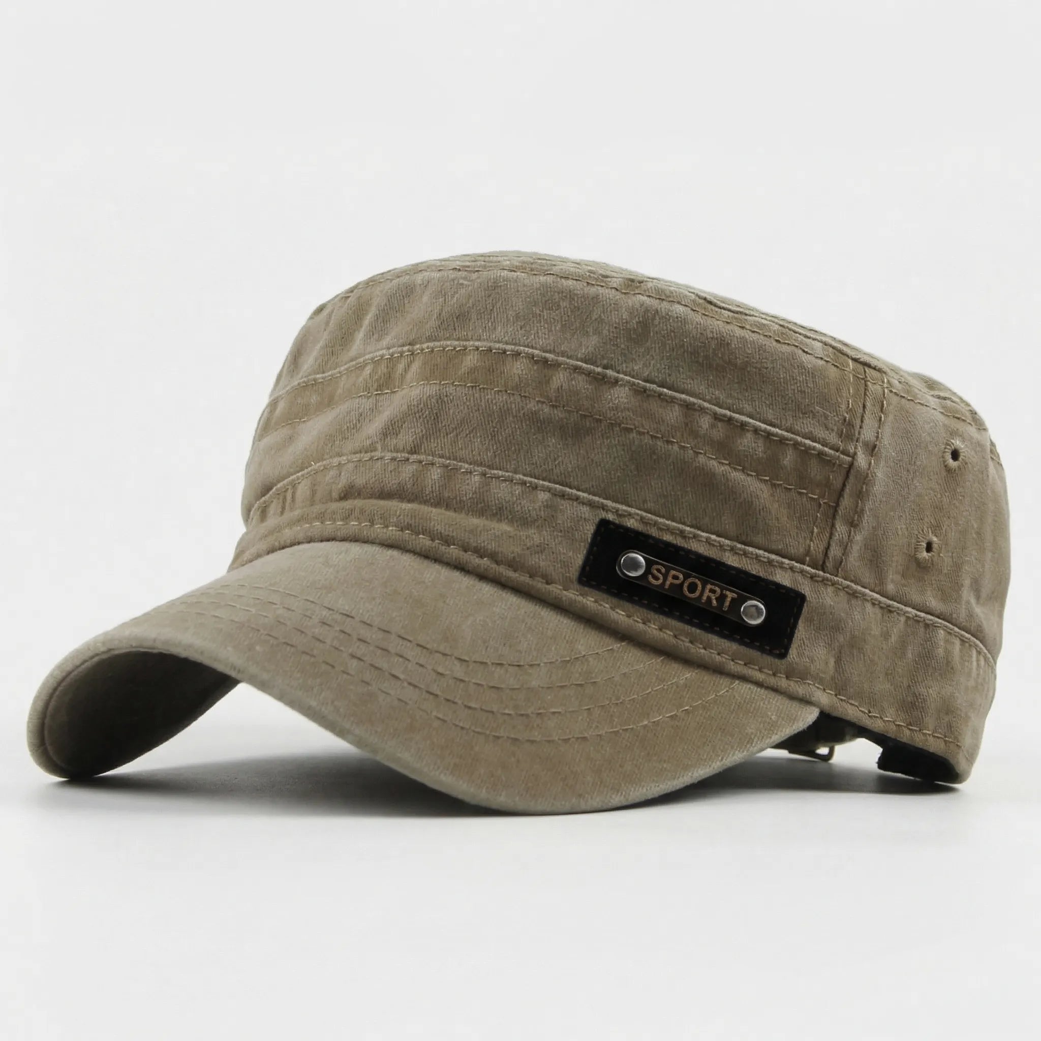 Men's flat top military-style sun cap with wide brim for sun shading