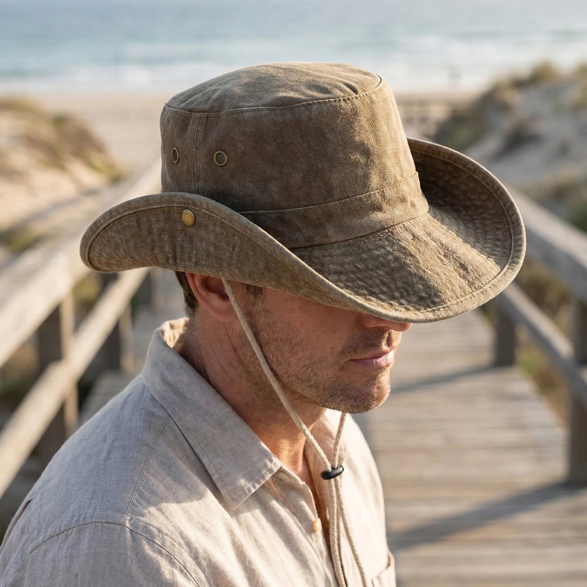 Unisex bucket hat with wide brim and flat top design for all-season outdoor wear
