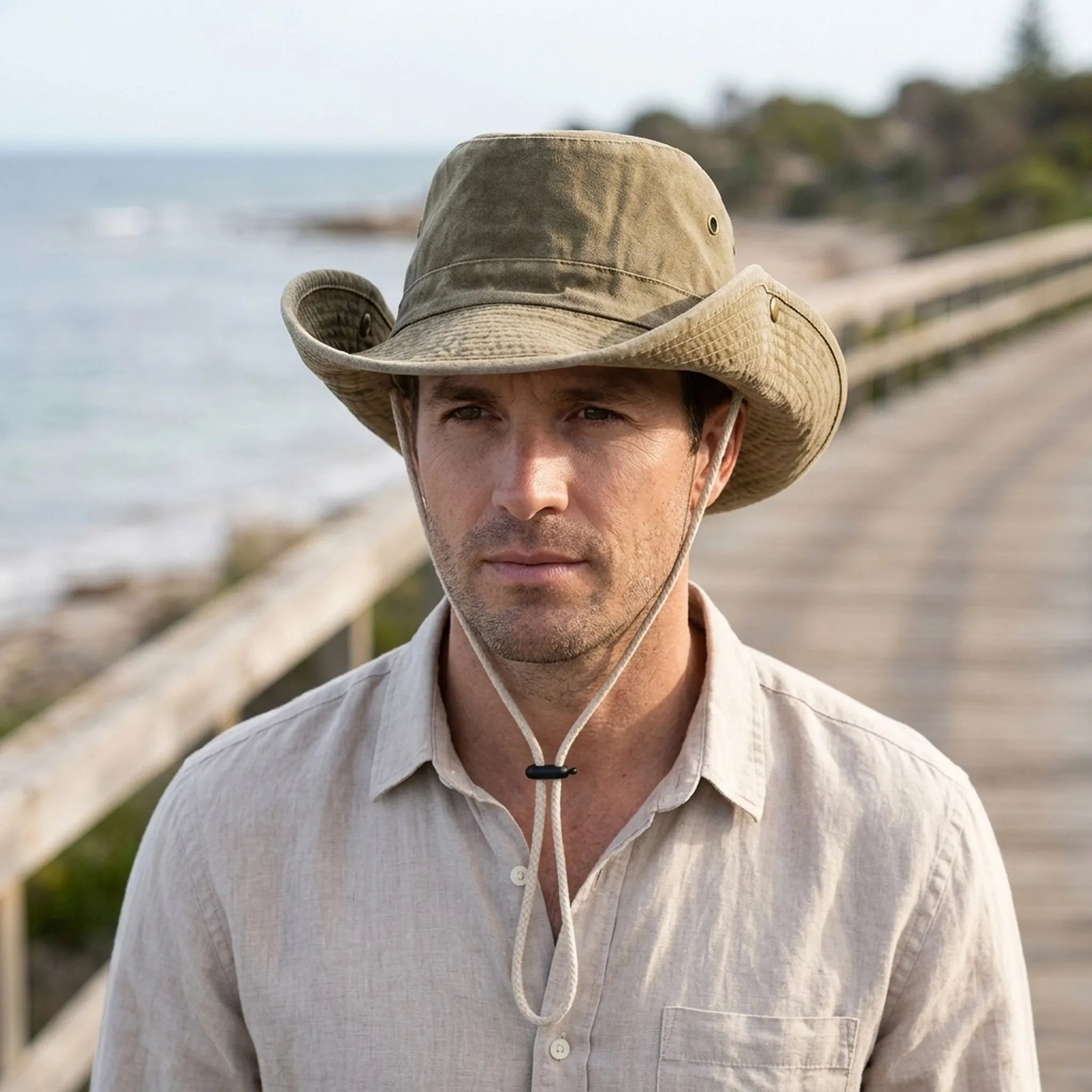 Wide brim outdoor fisherman hat with adjustable chin strap and ventilation