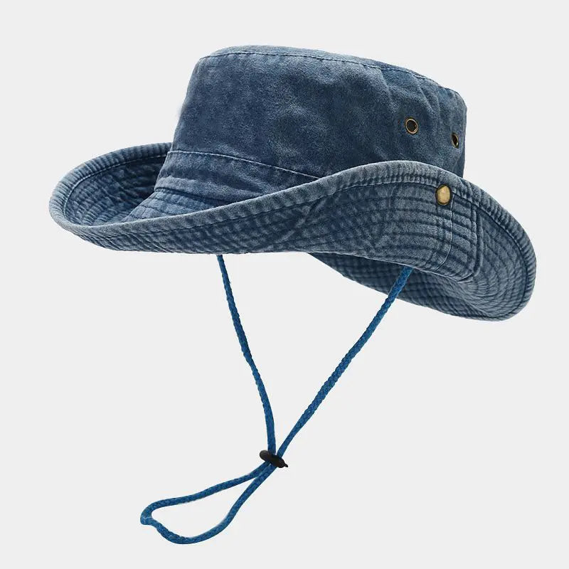 Wide brim outdoor fisherman hat with adjustable chin strap and ventilation