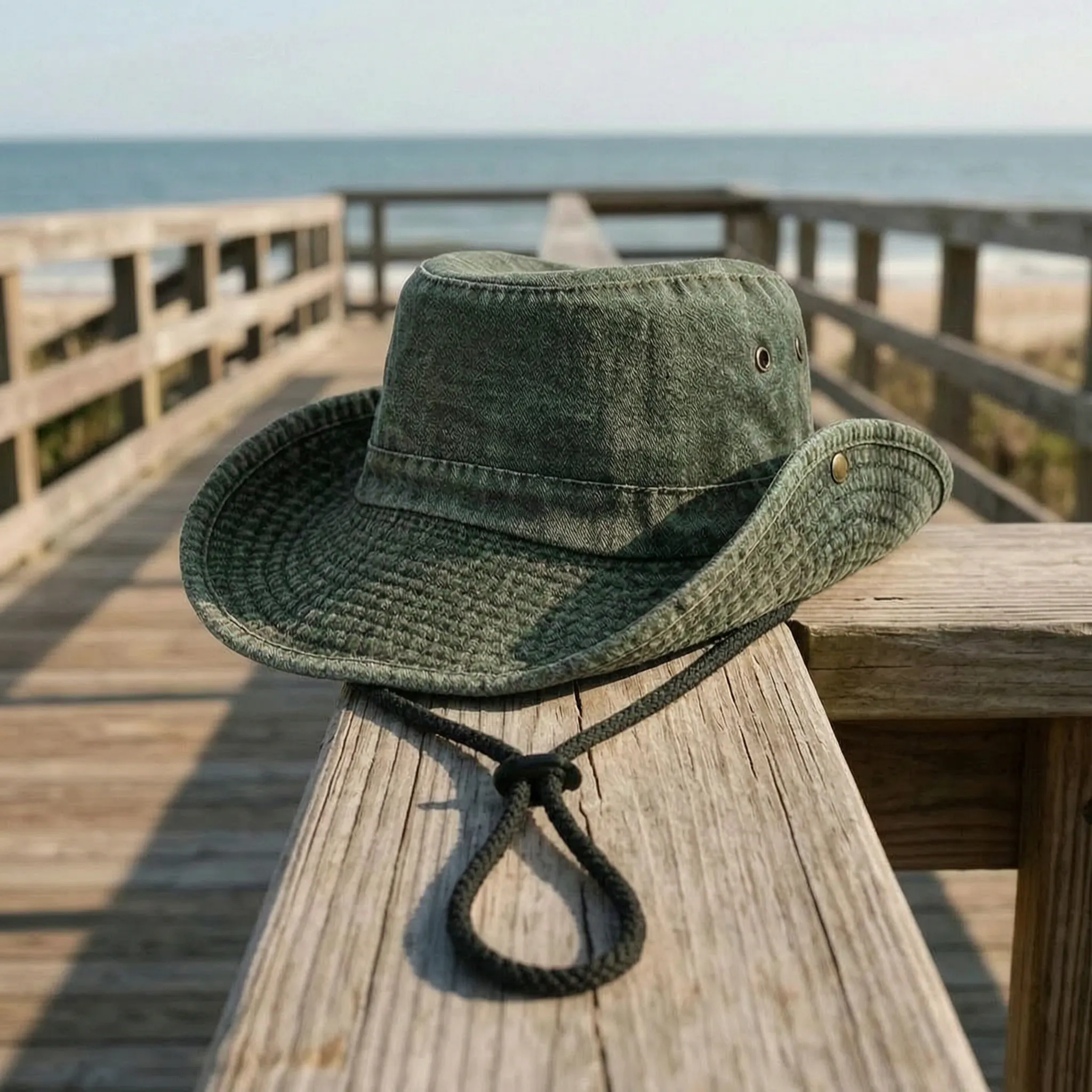 Wide brim outdoor fisherman hat with adjustable chin strap and ventilation