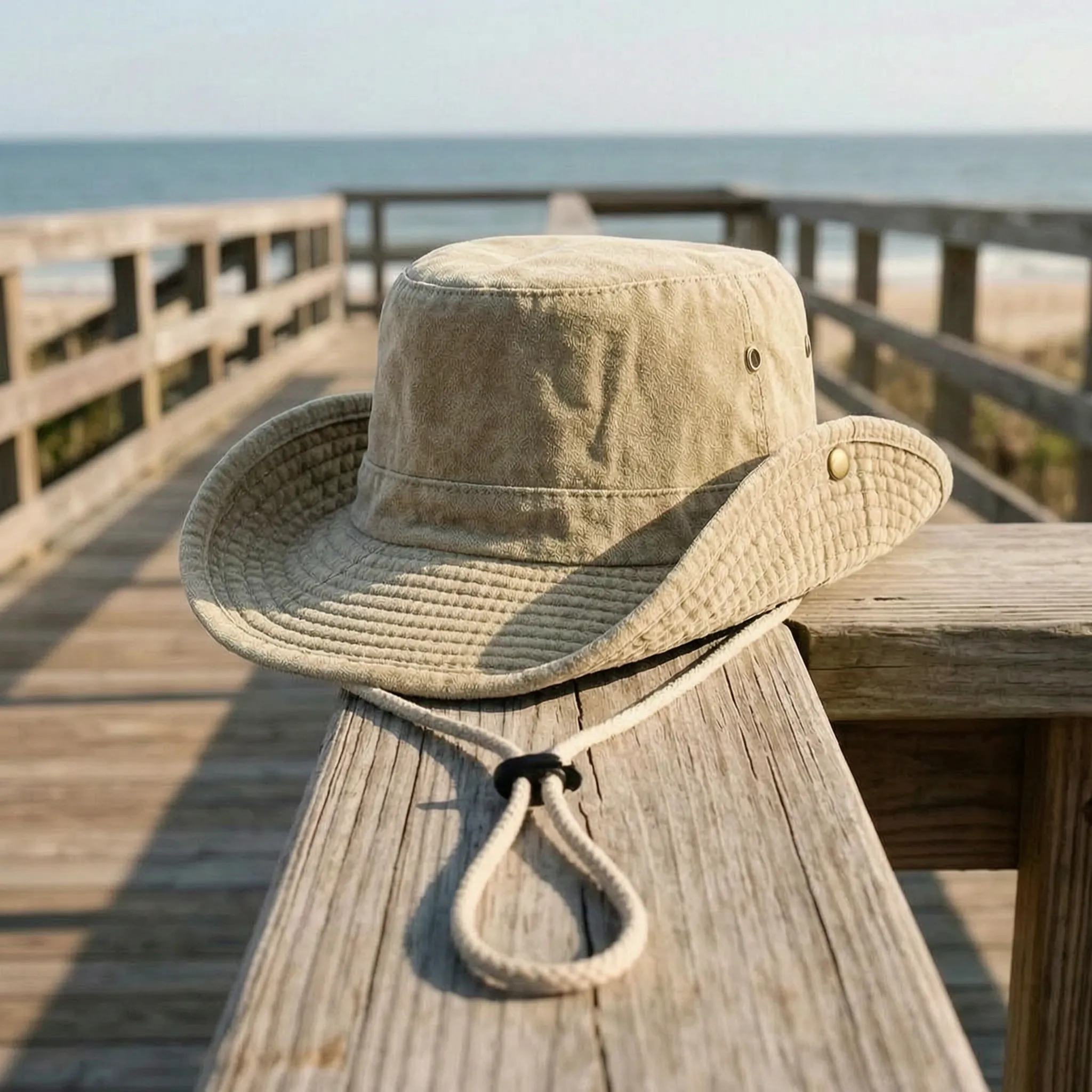 Wide brim outdoor fisherman hat with adjustable chin strap and ventilation
