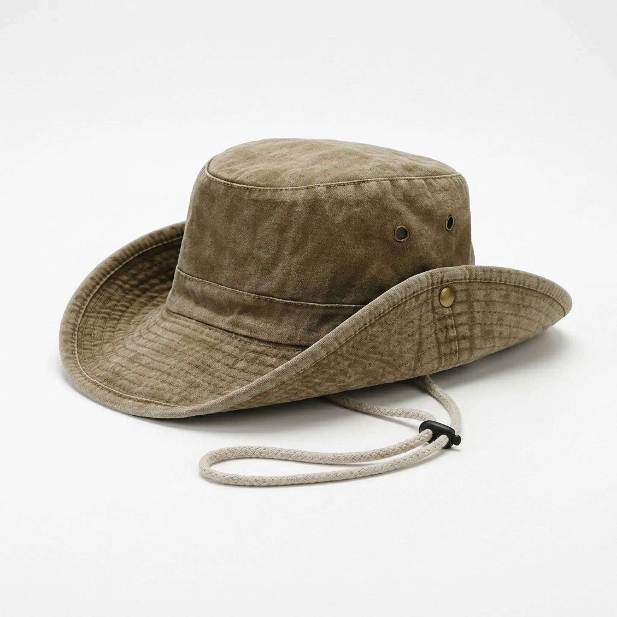 Wide brim outdoor fisherman hat with adjustable chin strap and ventilation