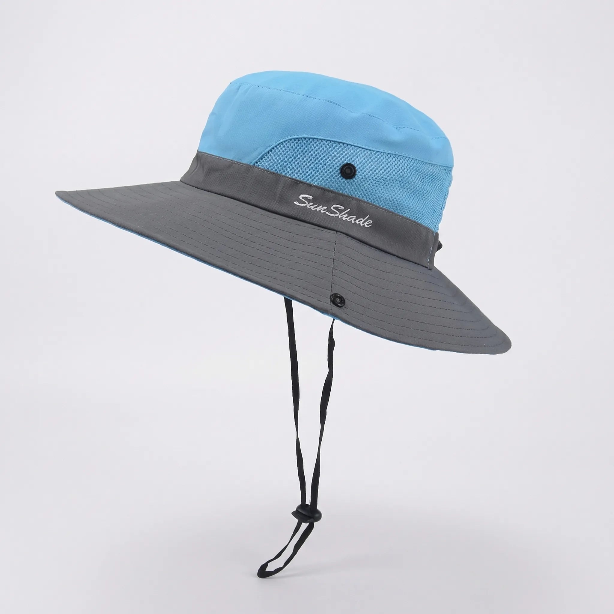 Wide-brim foldable sun hat with mesh panels and adjustable chin cord
