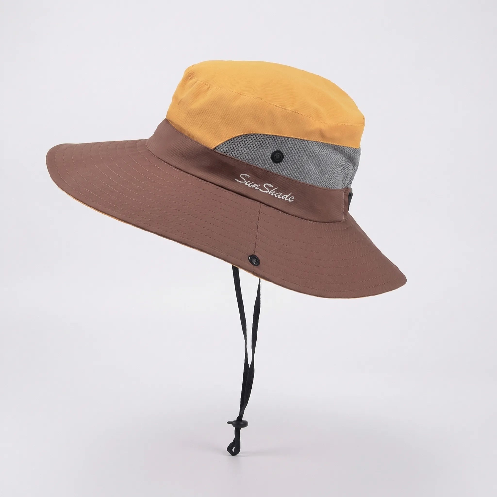 Wide-brim foldable sun hat with mesh panels and adjustable chin cord
