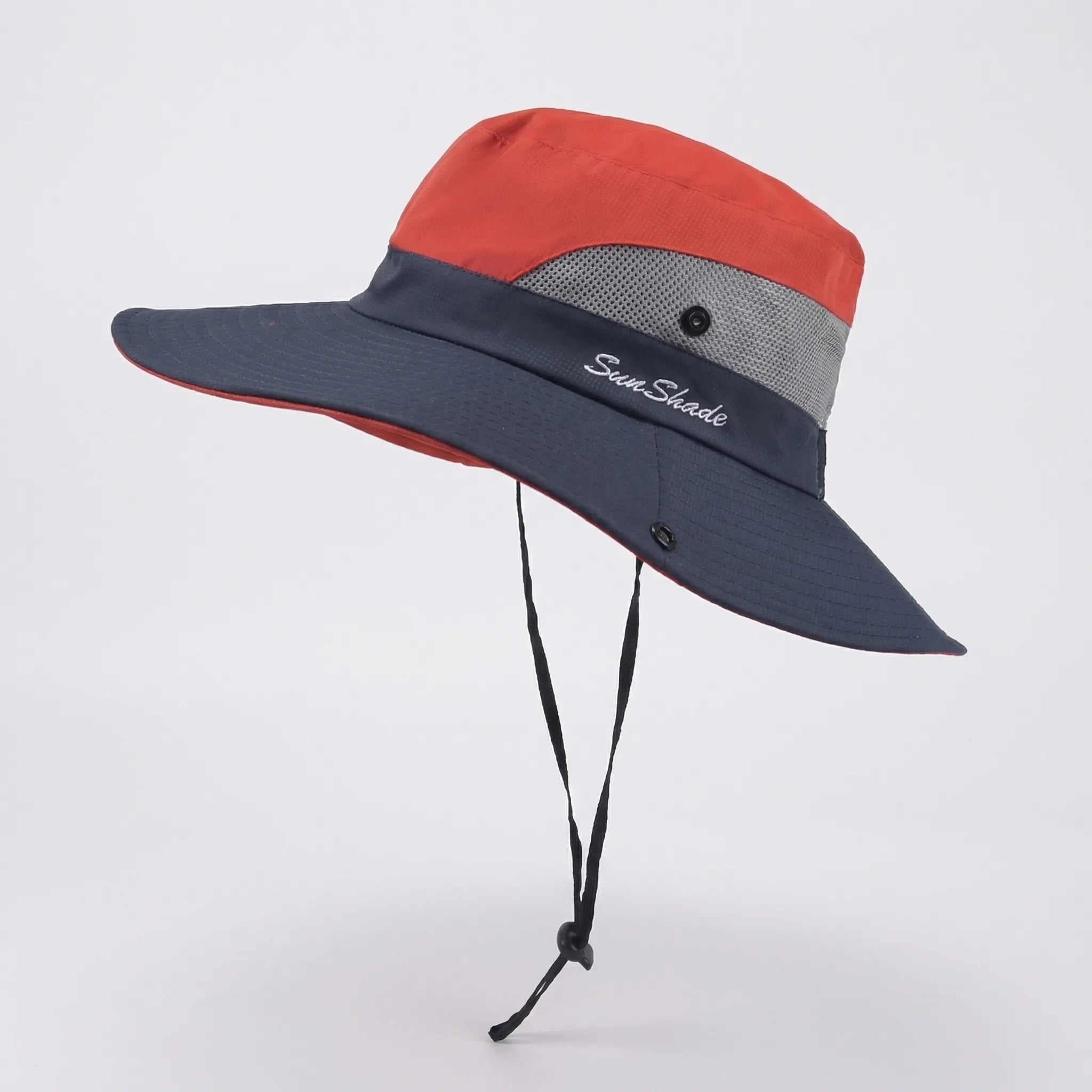 Wide-brim foldable sun hat with mesh panels and adjustable chin cord