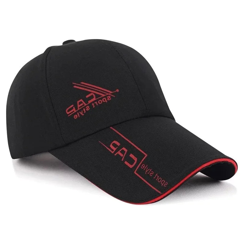 Long brim baseball cap with adjustable fit and sporty graphic detailing