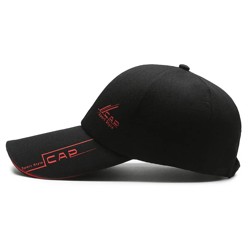 Long brim baseball cap with adjustable fit and sporty graphic detailing