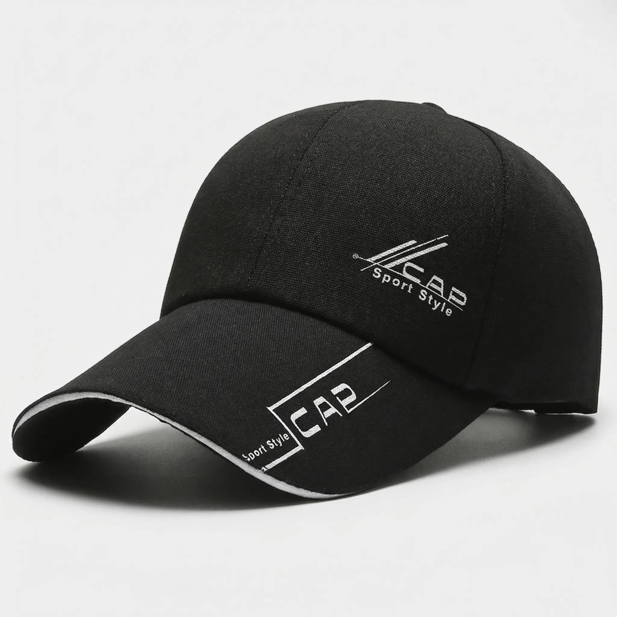 Long brim baseball cap with adjustable fit and sporty graphic detailing