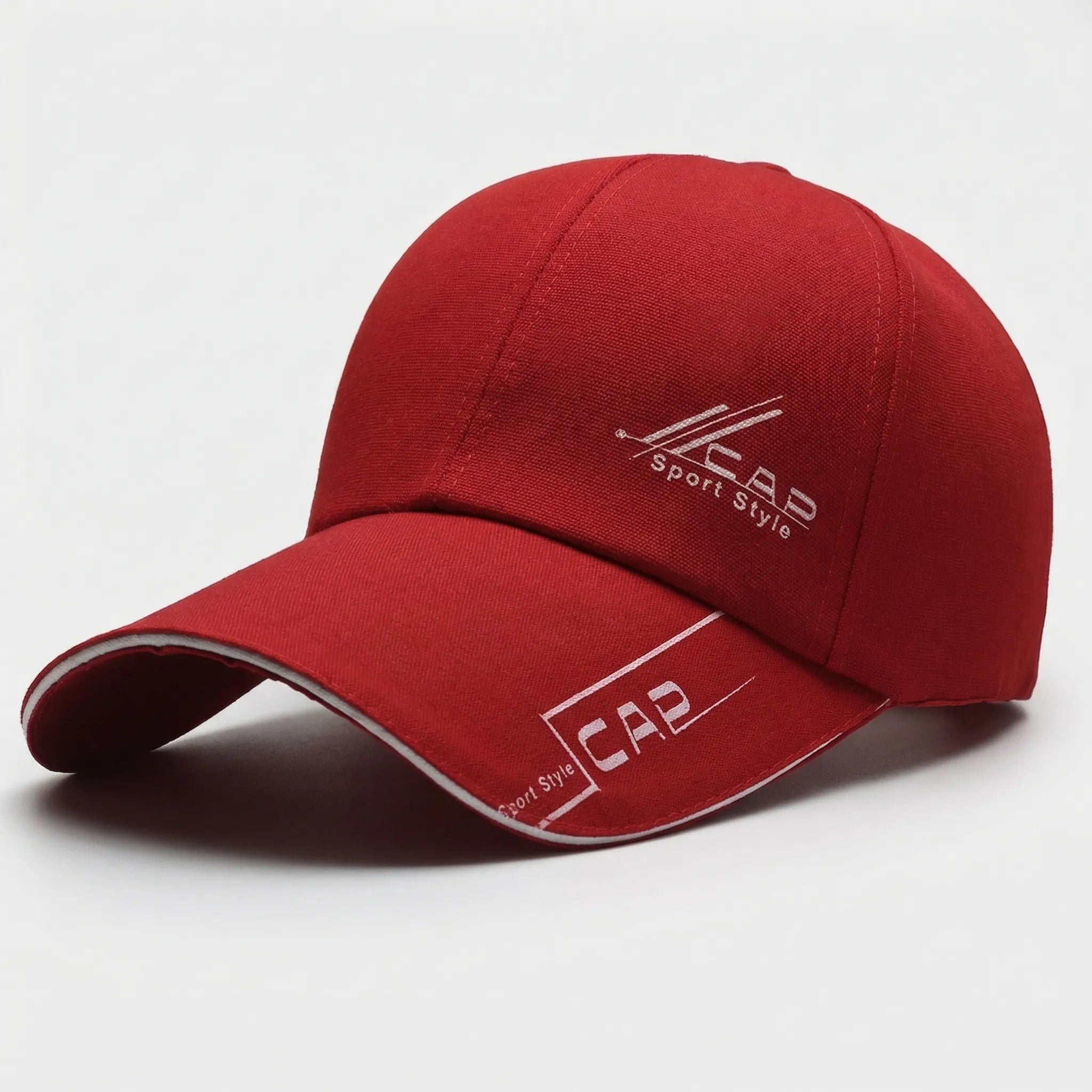 Long brim baseball cap with adjustable fit and sporty graphic detailing
