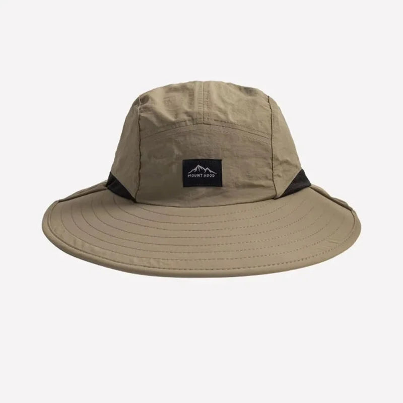 Wide-brim fisherman's hat with attached neck flap and breathable mesh panel