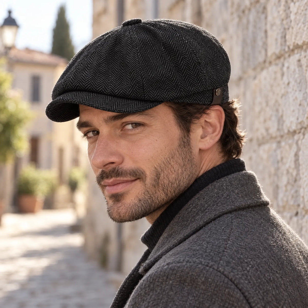 Eight-panel driver's cap with herringbone pattern and short bill