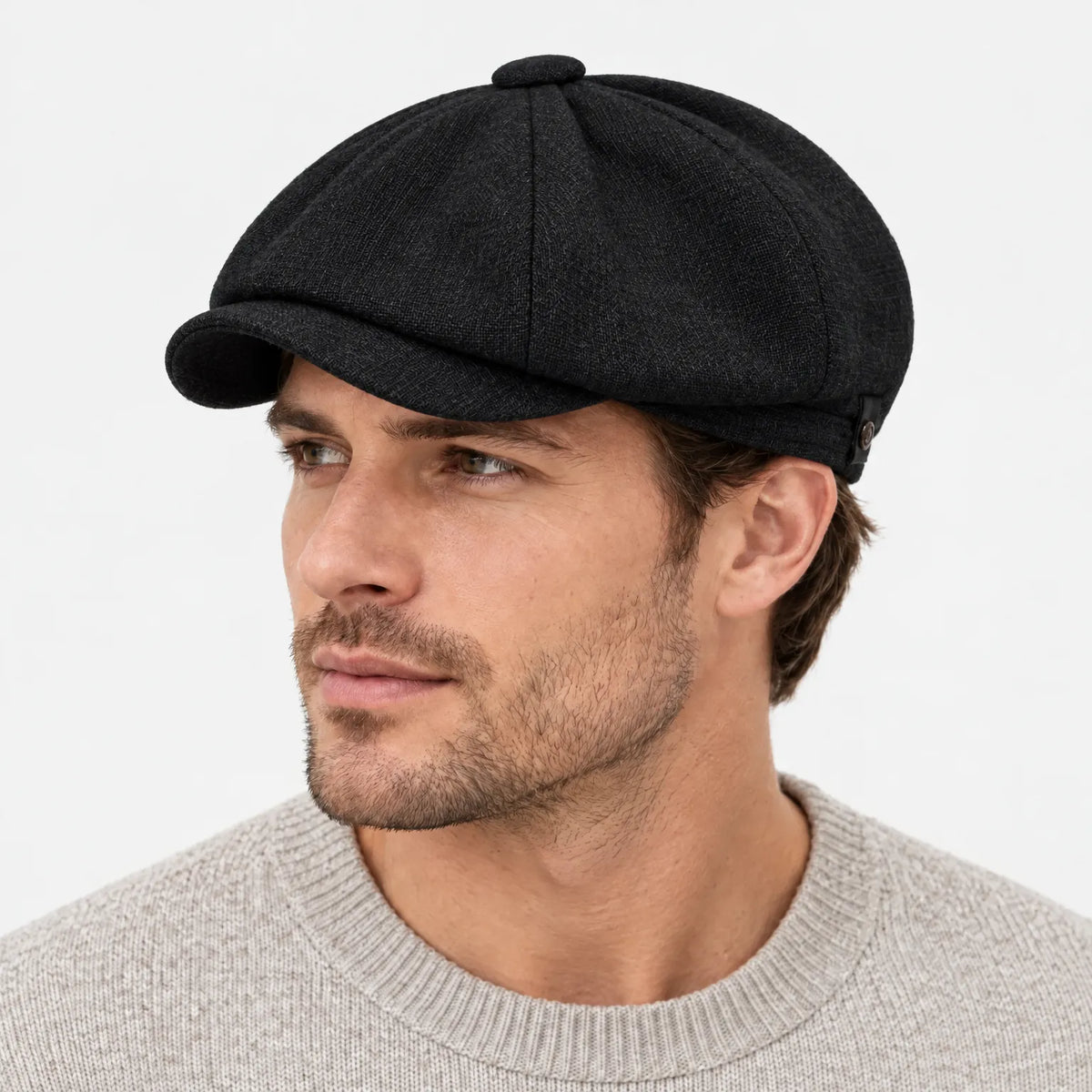 Eight-panel driver's cap with herringbone pattern and short bill